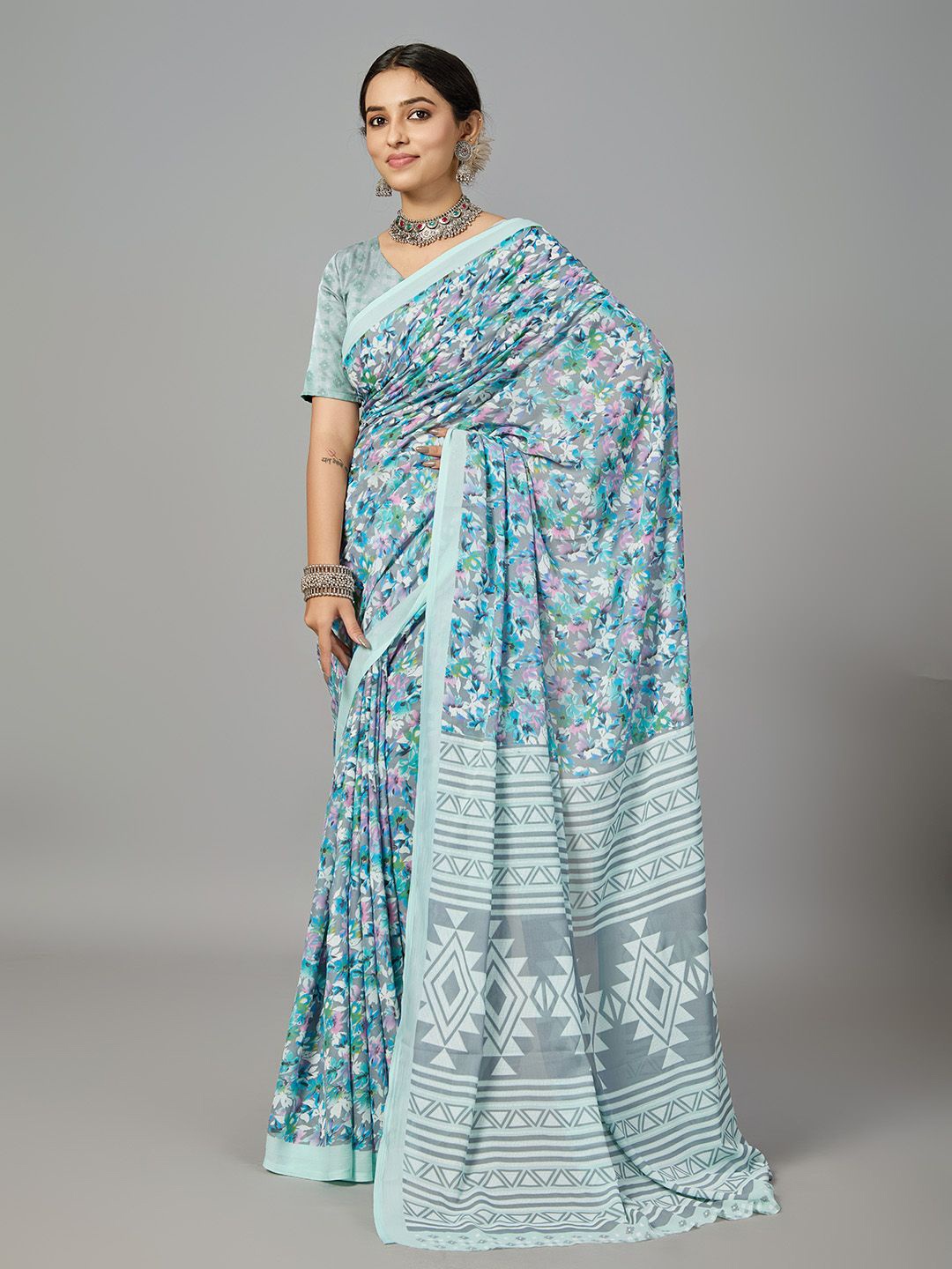 

NIRMAL CREATION Floral Solid Border Saree, Blue