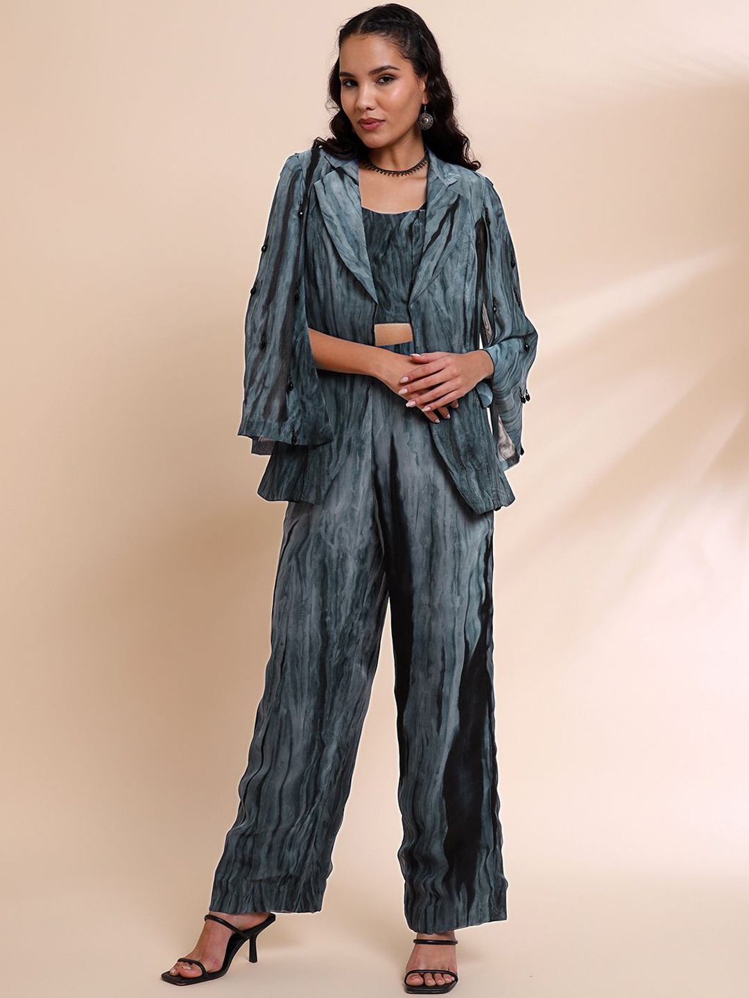 

RIRASA Printed Acrylic Top With Trousers & Jacket, Grey