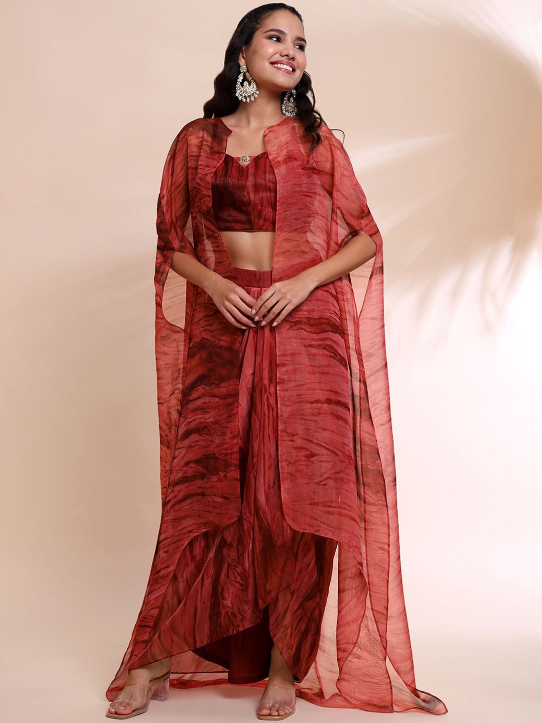 

RIRASA Printed Acrylic Top With Shrug & Skirt, Red