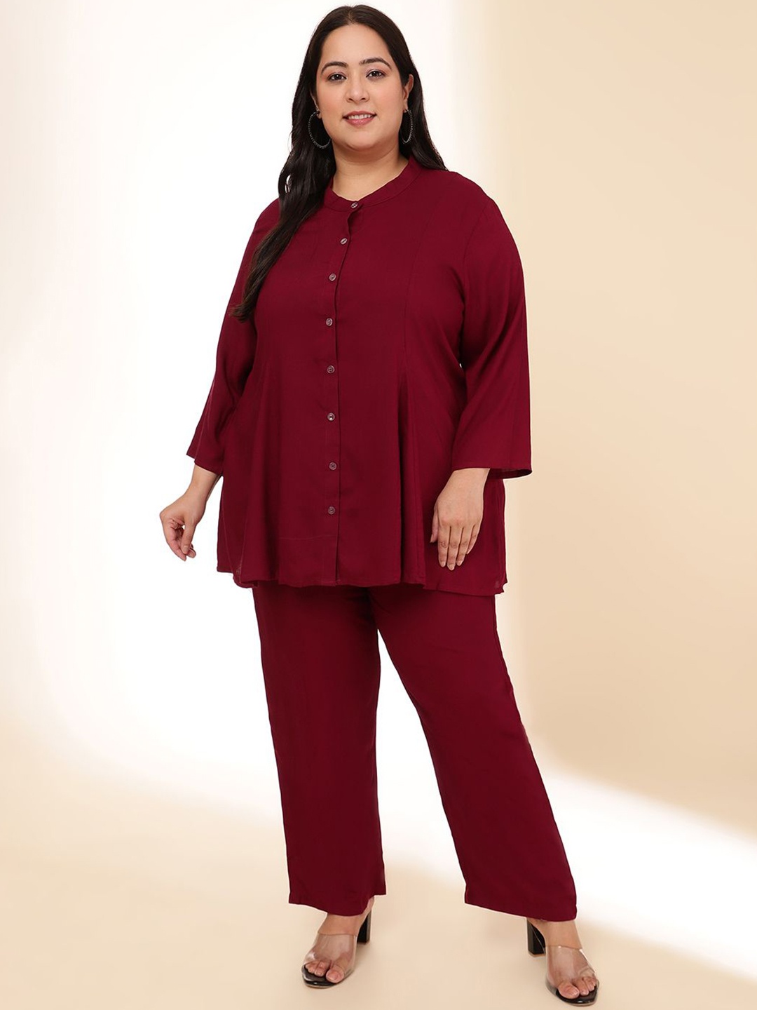 

URG Plus Size Mandarin Collar Shirt With Trouser, Red