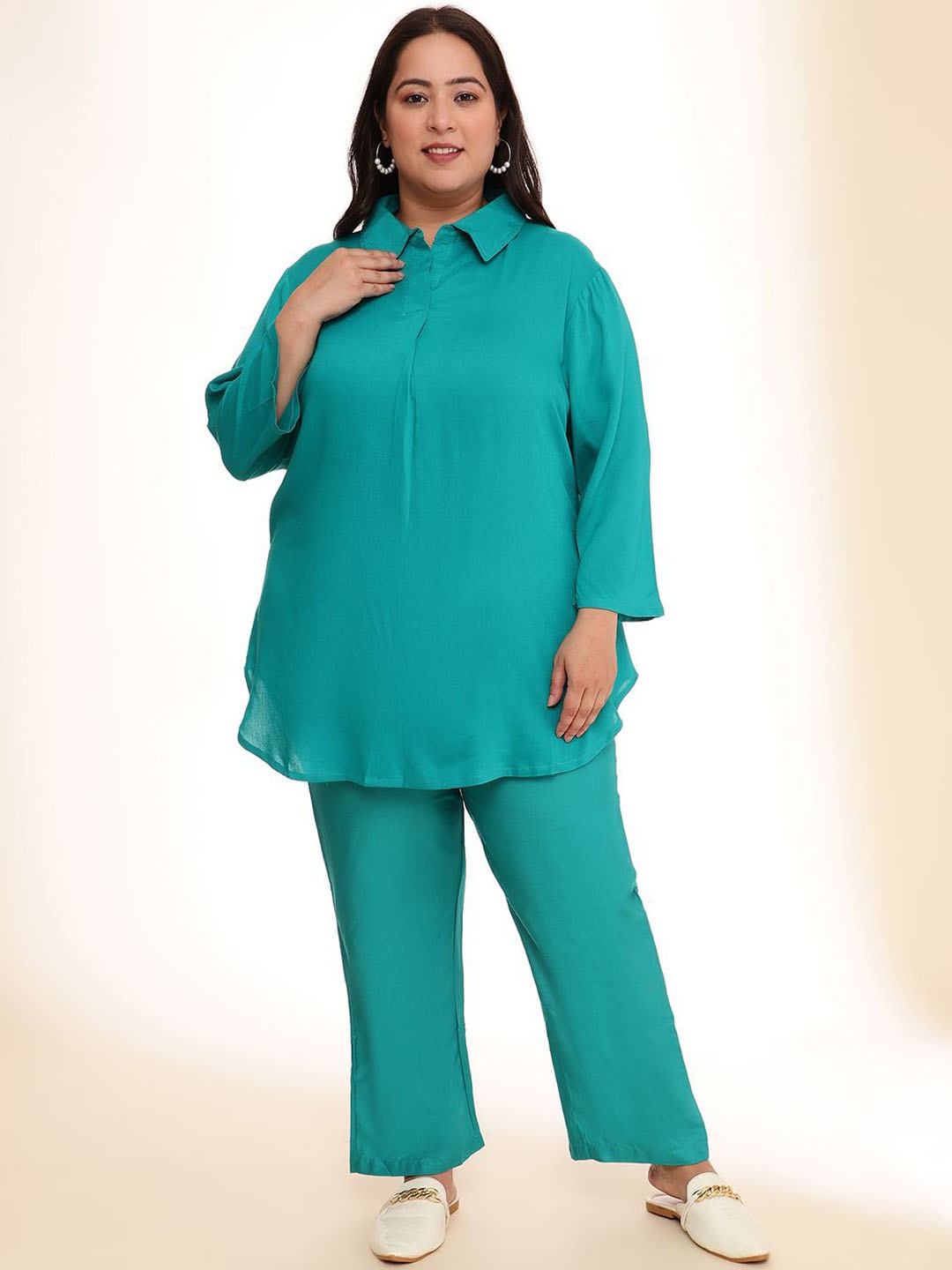 

URG Plus Size Shirt Collar Tunic With Trouser, Blue