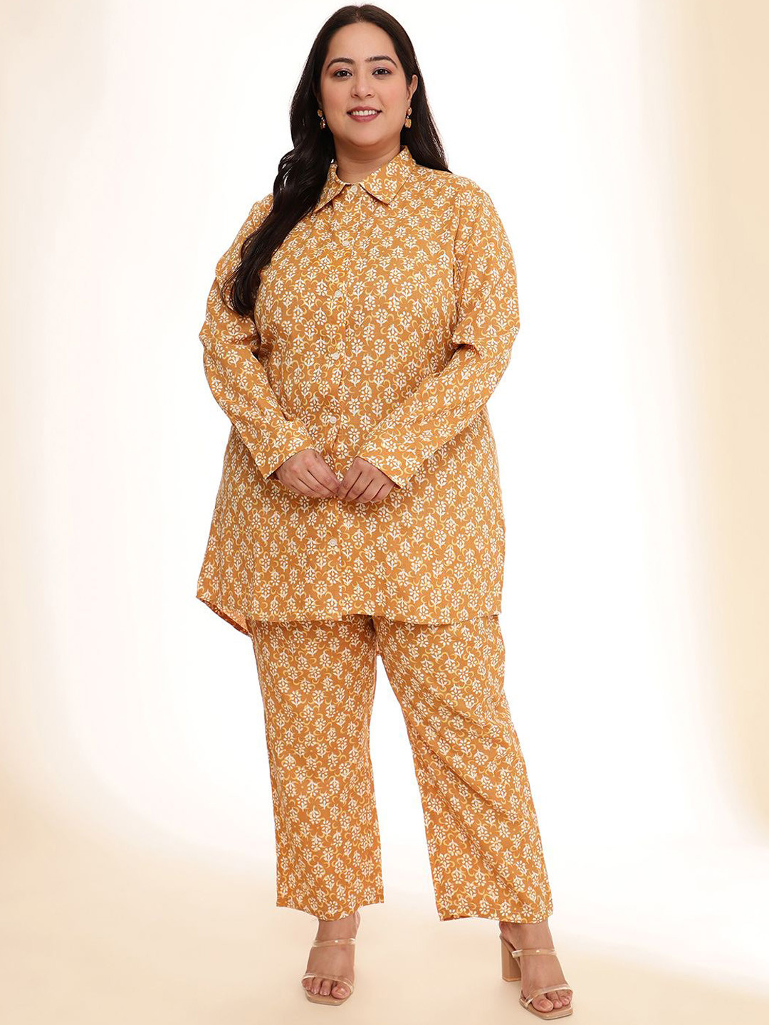 

URG Plus Size Printed Cotton Linen Shirt With Trouser, Brown