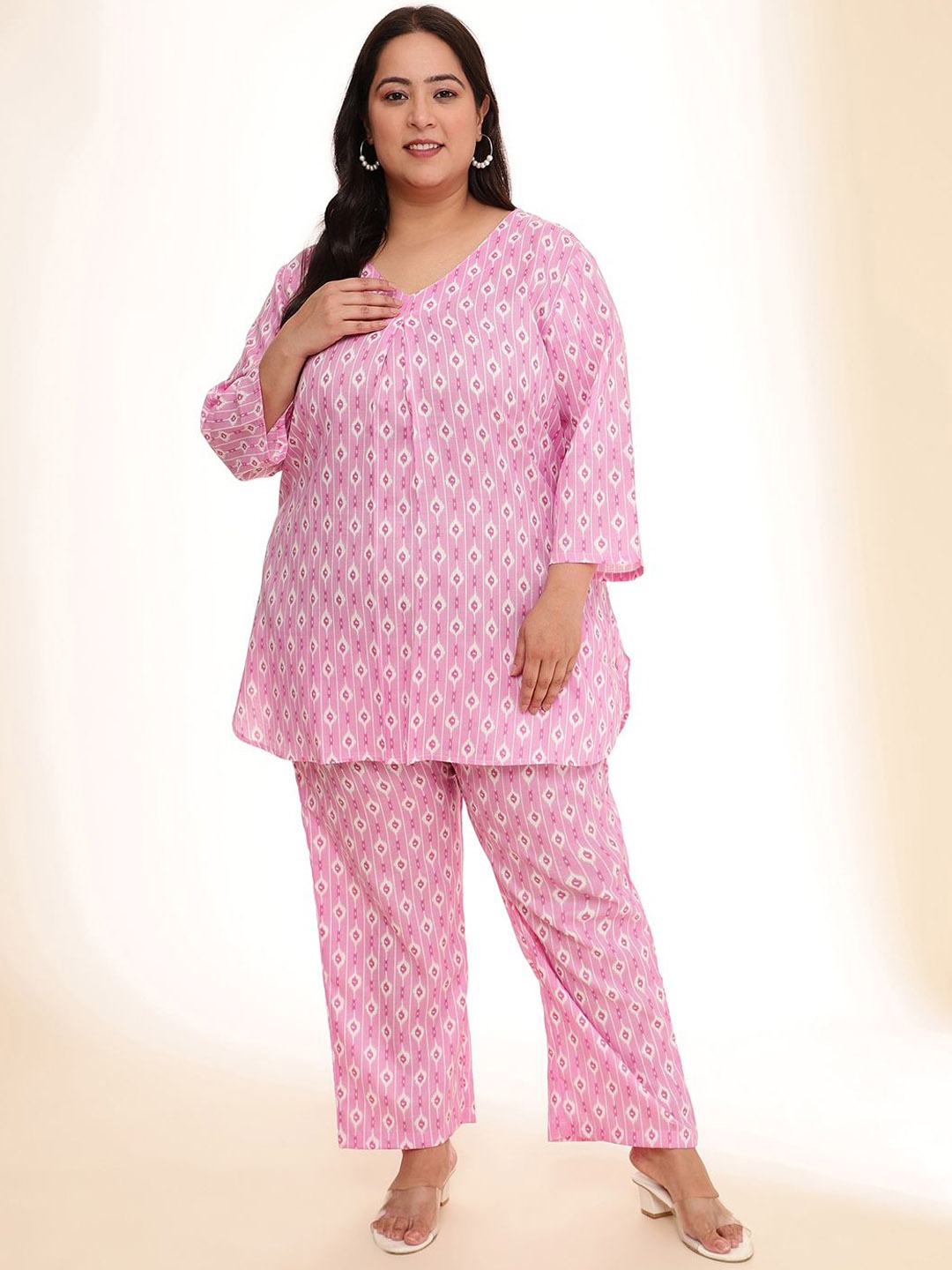 

URG Plus Size Printed Cotton Linen Tunic With Trouser, Pink