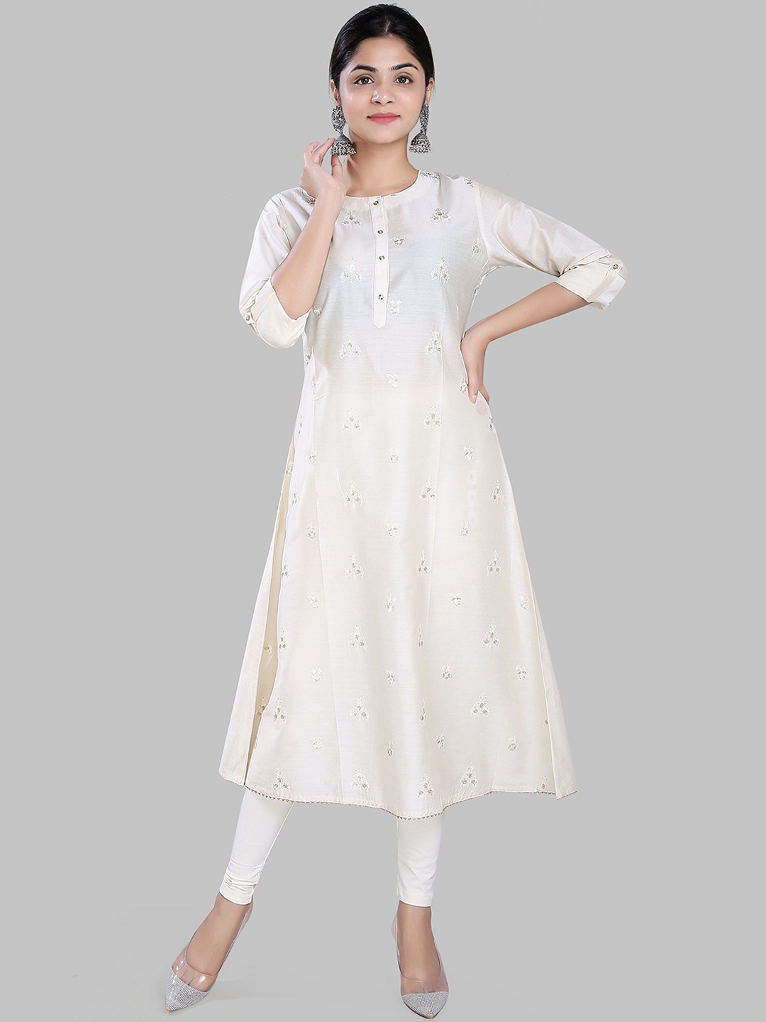 

COTTON CULTURE Floral Embroidered Cotton Silk A-Line Kurta, Cream