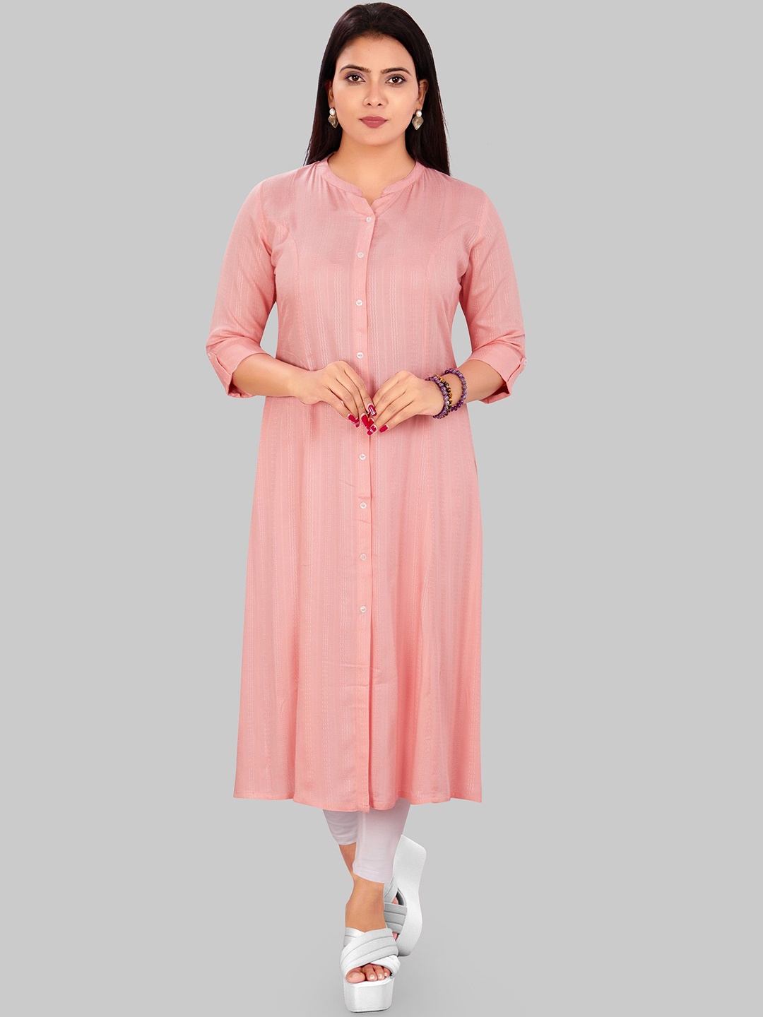 

COTTON CULTURE Striped Mandarin Collar Cotton A-Line Kurta, Pink