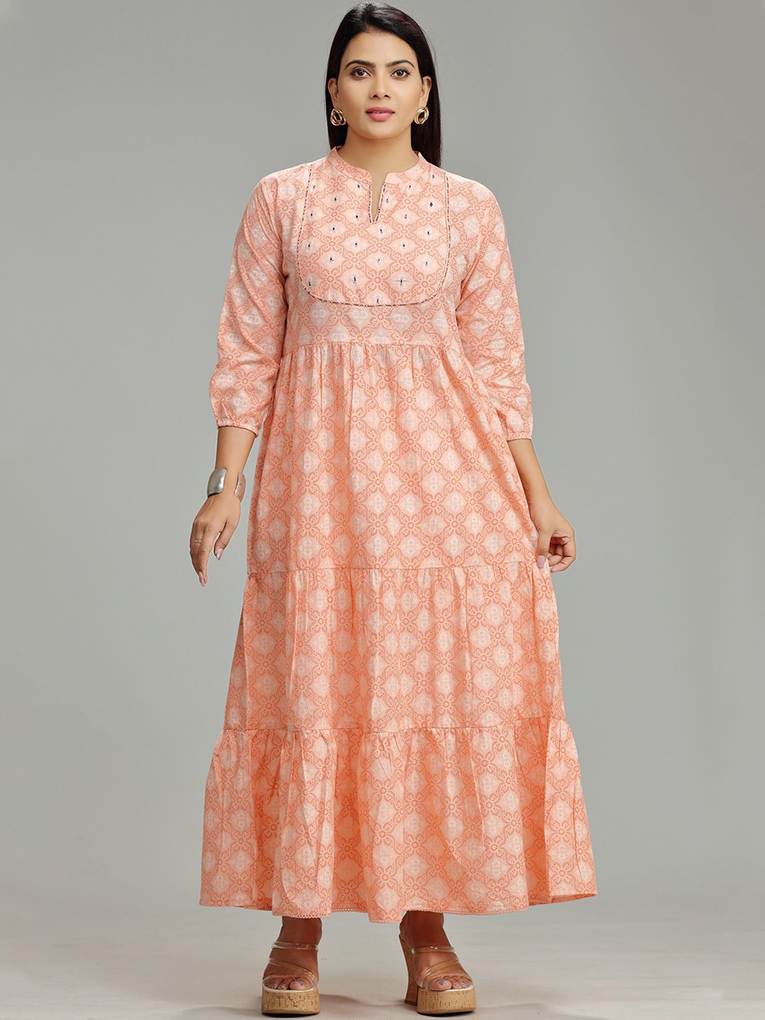 

COTTON CULTURE Ethnic Motifs Printed Gathered Tiered Cotton Maxi Ethnic Dress, Peach