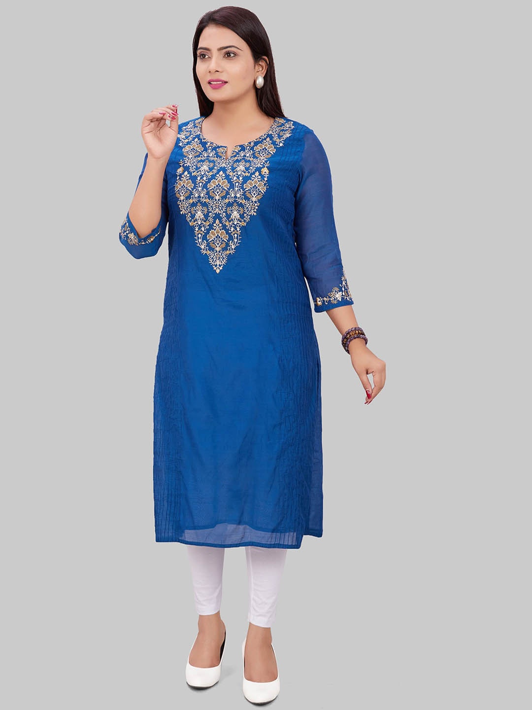 

COTTON CULTURE Floral Yoke Design Notch Neck Thread Work Chanderi Cotton Straight kurta, Blue