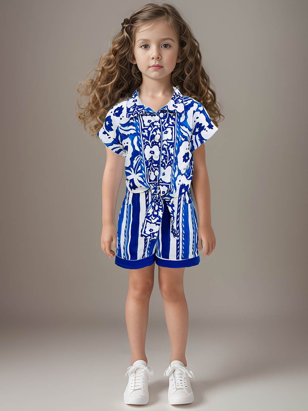 

Safehugs Girls Floral Printed Pure Cotton Shirt with Shorts, Blue