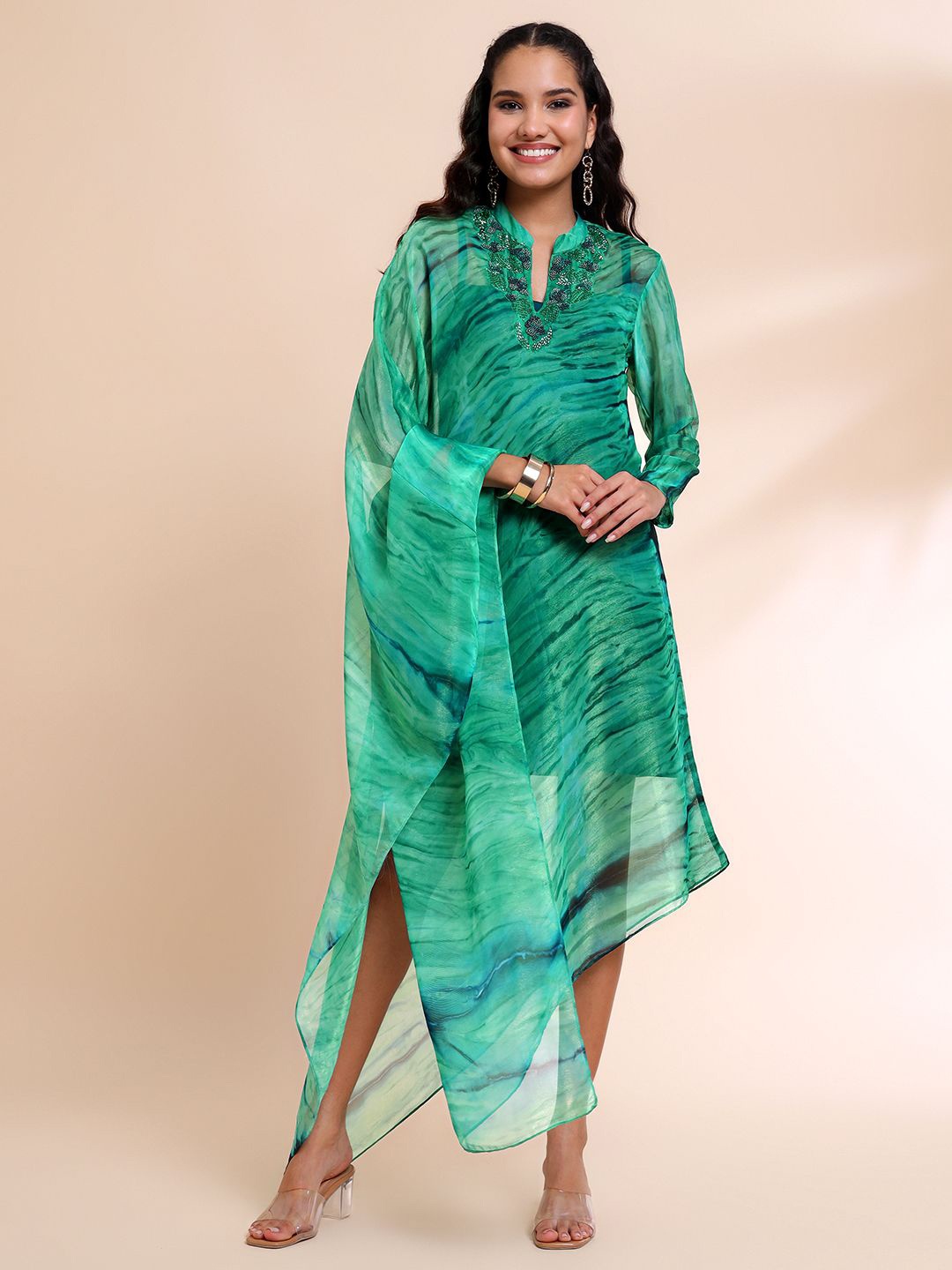 

RIRASA Dyed Net Kaftan Asymmetric Maxi Dress, Green