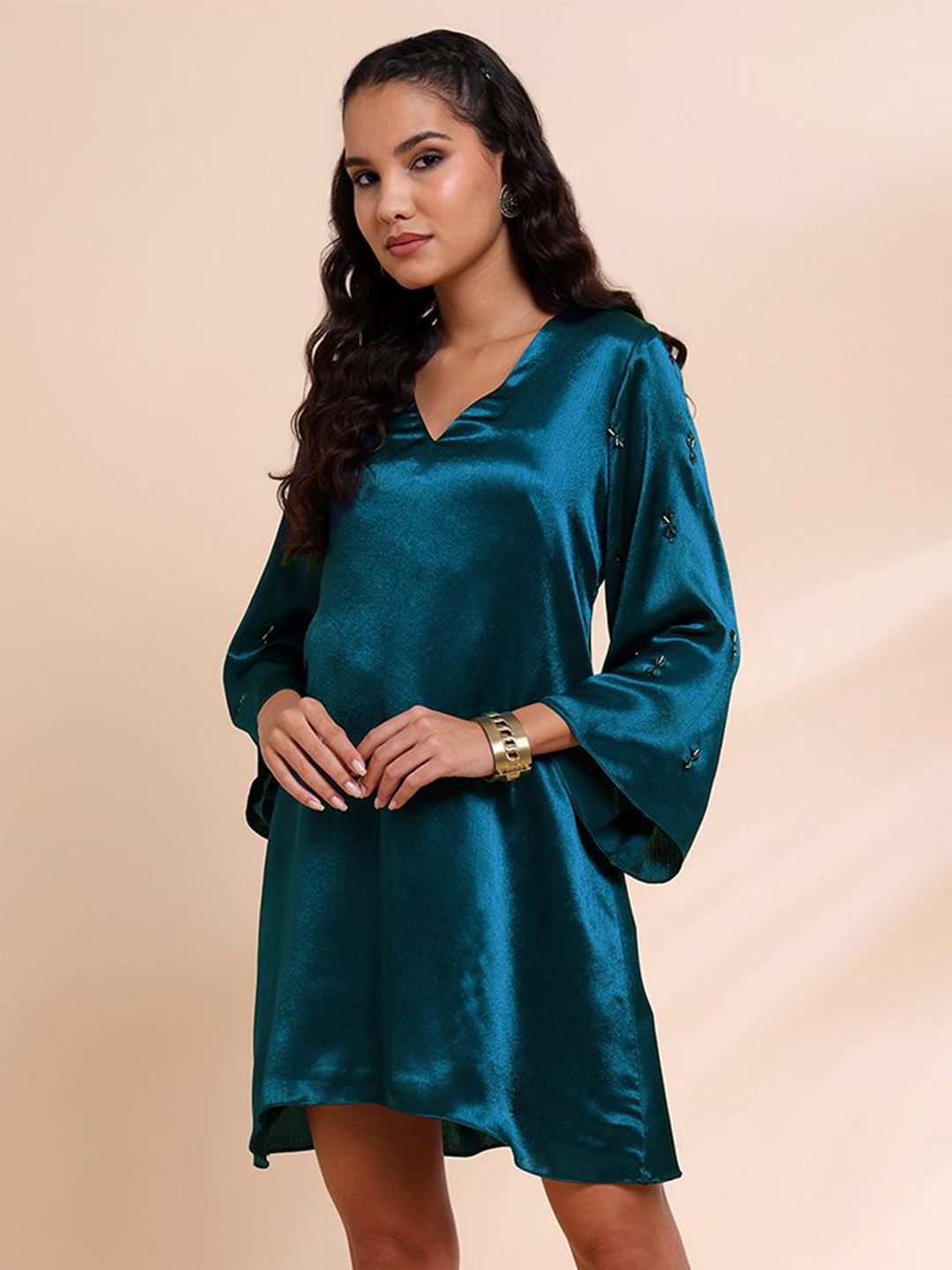 

RIRASA V-Neck Bell Sleeves A-Line Dress, Blue