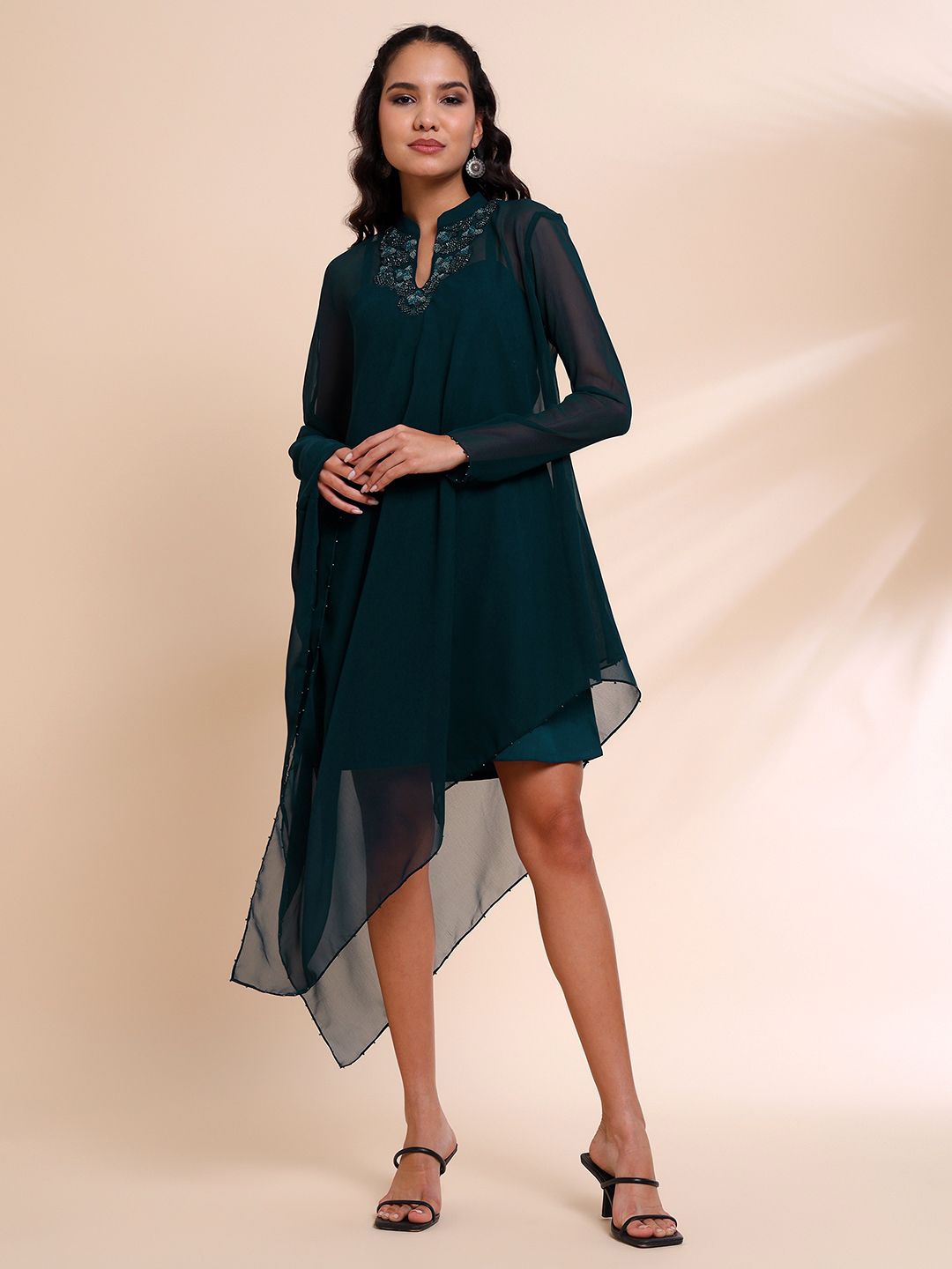 

RIRASA Mandarin Collar Long Sleeves A-Line Dress, Blue