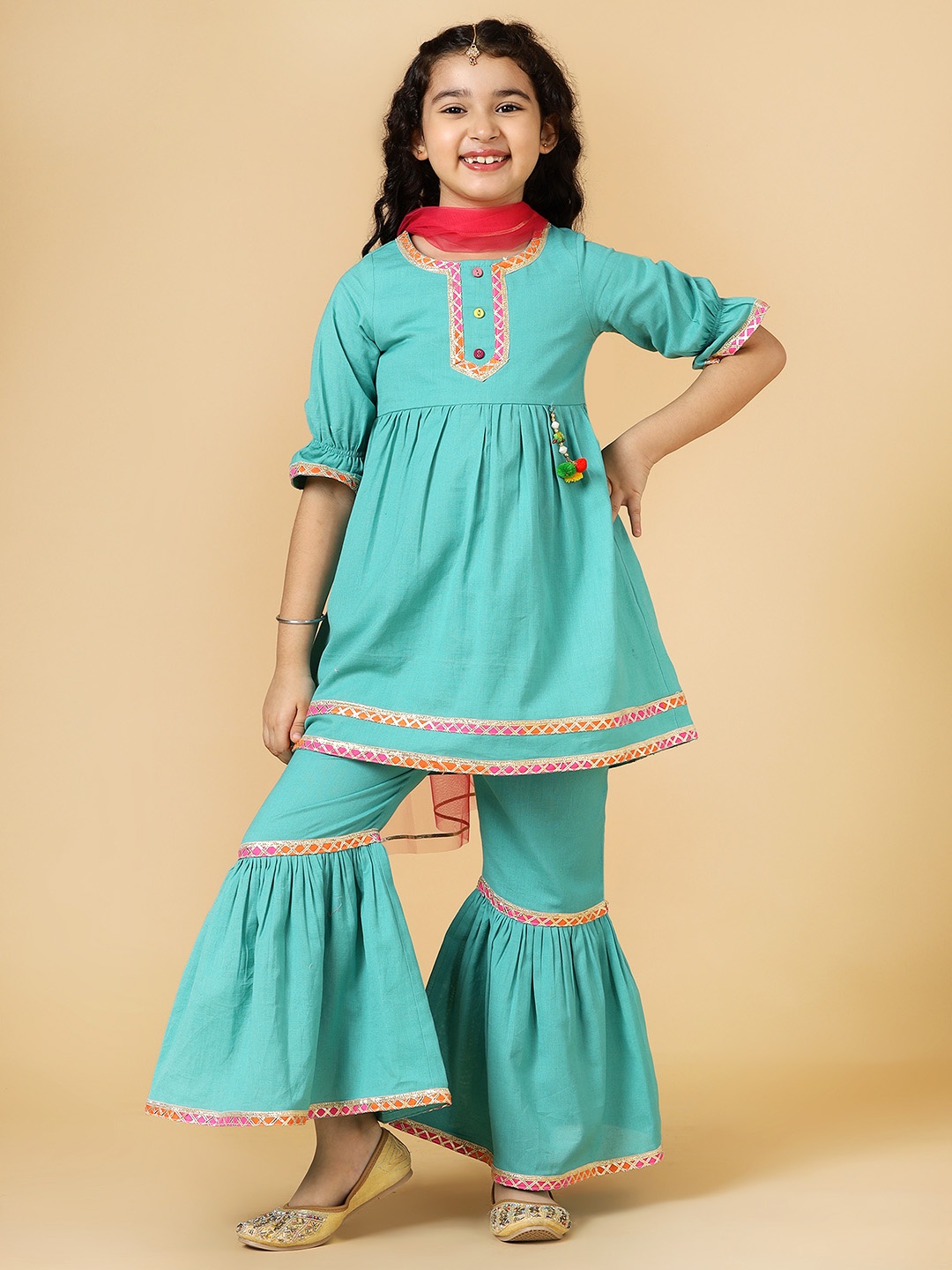 

A.T.U.N. Girls Kurti With Sharara & with Dupatta, Green