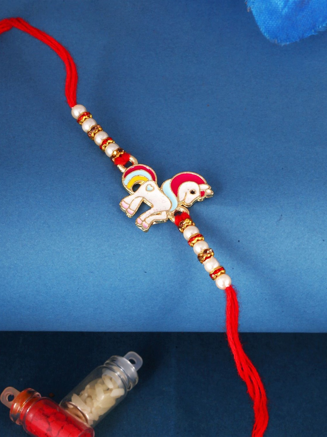 

Vighnaharta Boys Gold and Rhodium Plated Unicorn Horse Thread Rakhi, Red