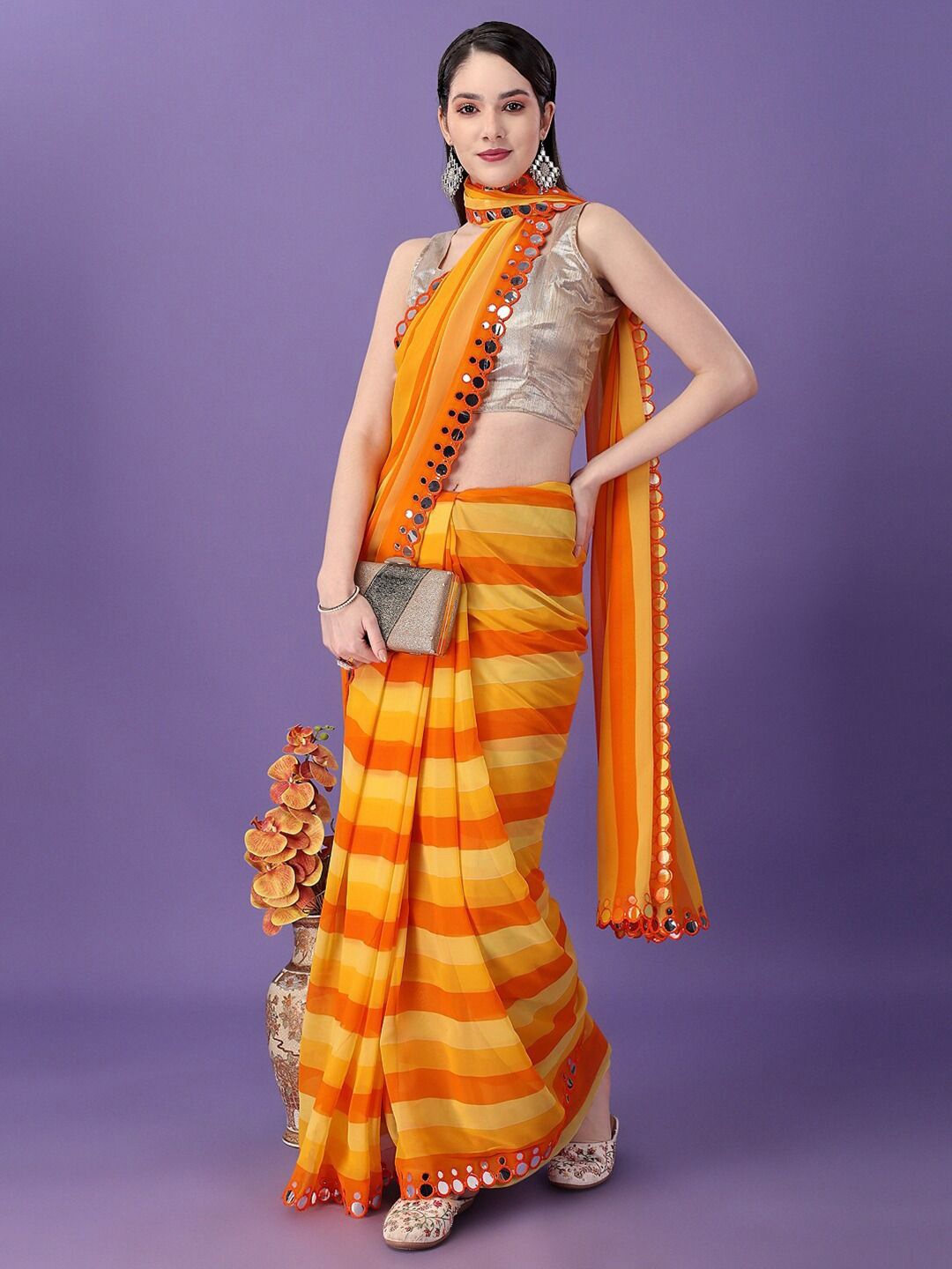 KALINI Striped Mirror Work Pure Georgette Saree, Yellow