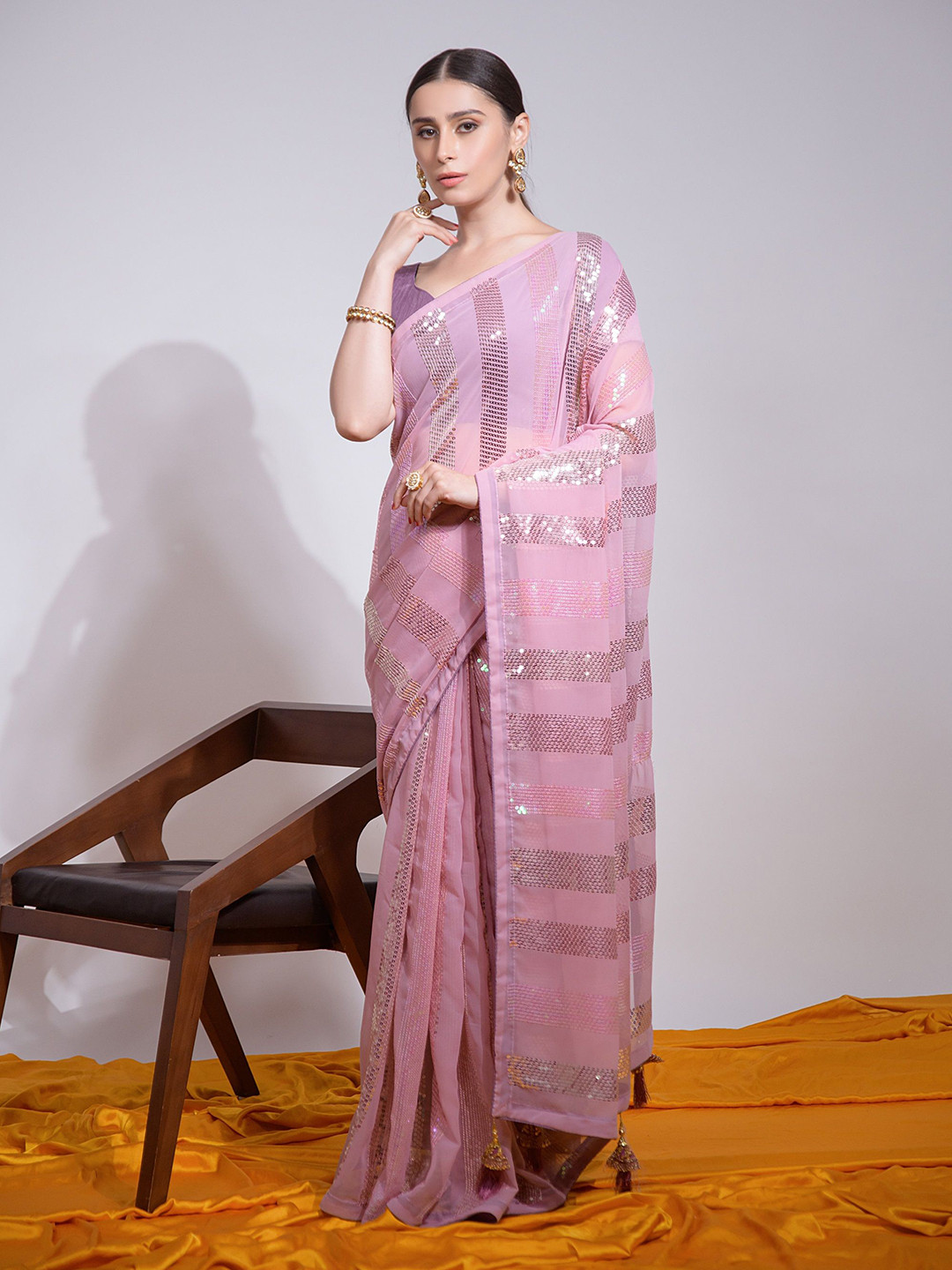 

KALINI Striped Sequinned Pure Georgette Saree, Pink