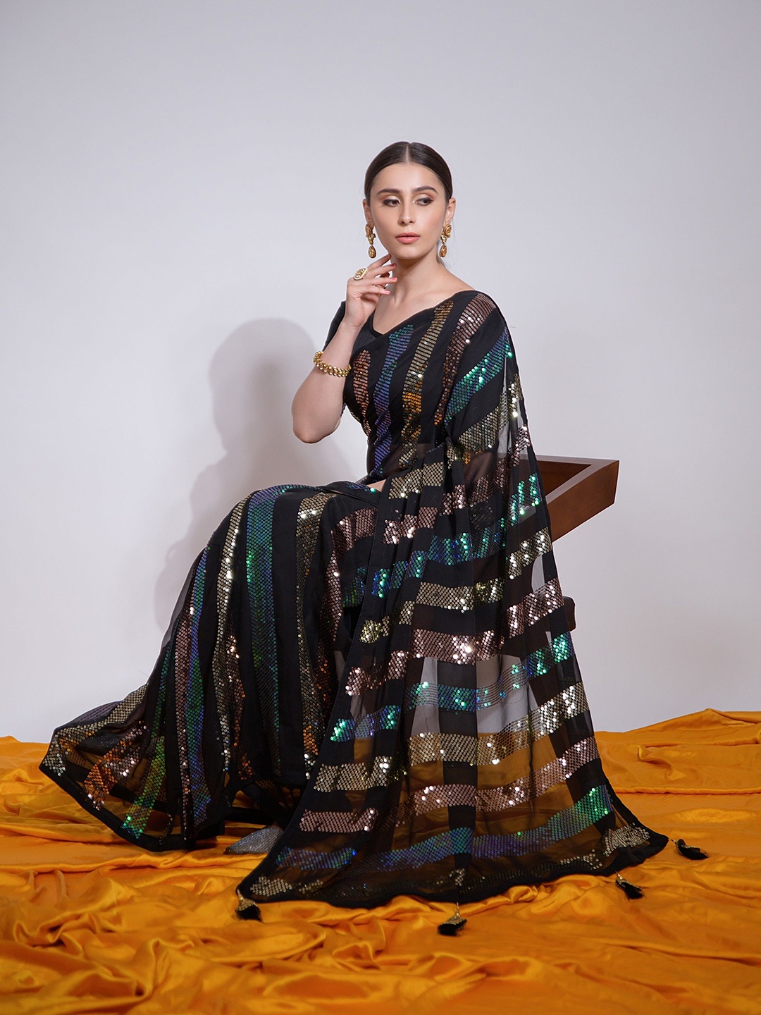 KALINI Striped Sequinned Pure Georgette Heavy Work Saree, Black