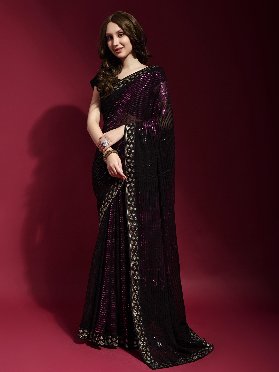 KALINI Pure Georgette Striped Sequinned Party Heavy Work Saree, Pink