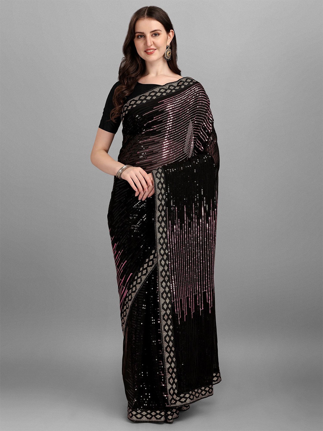 

KALINI Sequinned Pure Georgette Heavy Work Saree, Black