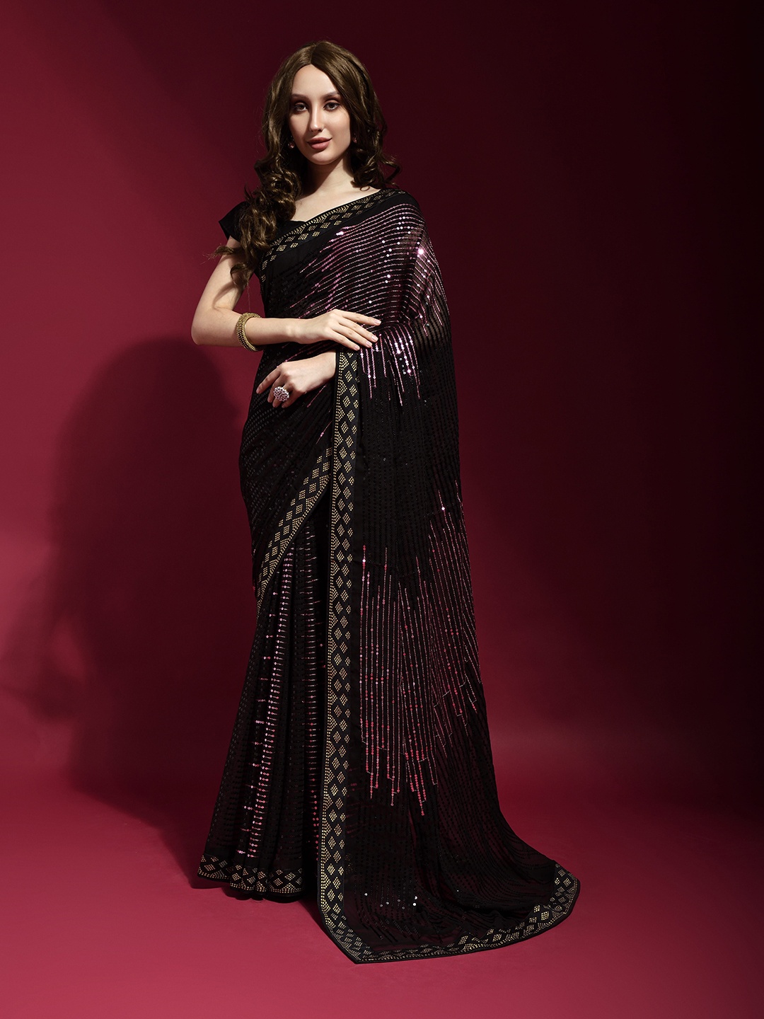 

KALINI Striped Sequinned Pure Georgette Heavy Work Saree, Maroon