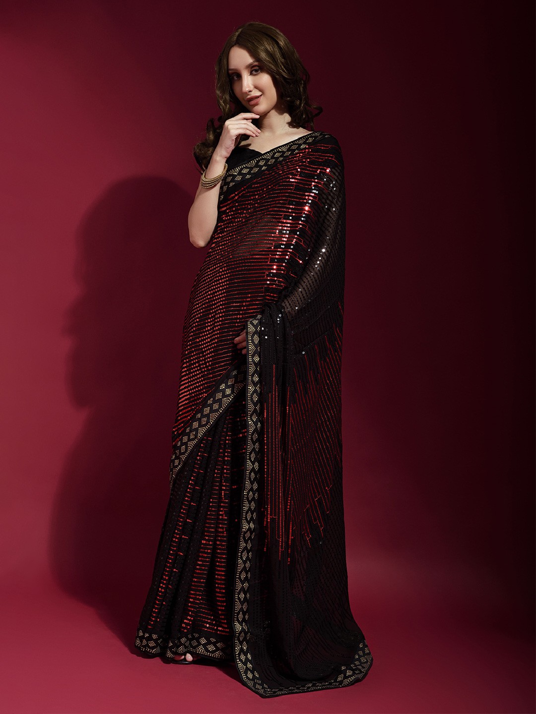 

KALINI Embellished Sequinned Pure Georgette Saree, Red