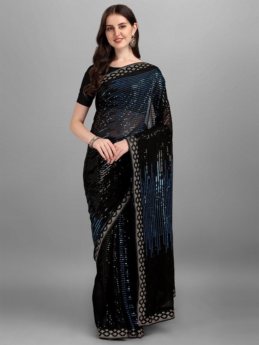 

KALINI Striped Sequinned Pure Georgette Heavy Work Saree, Teal