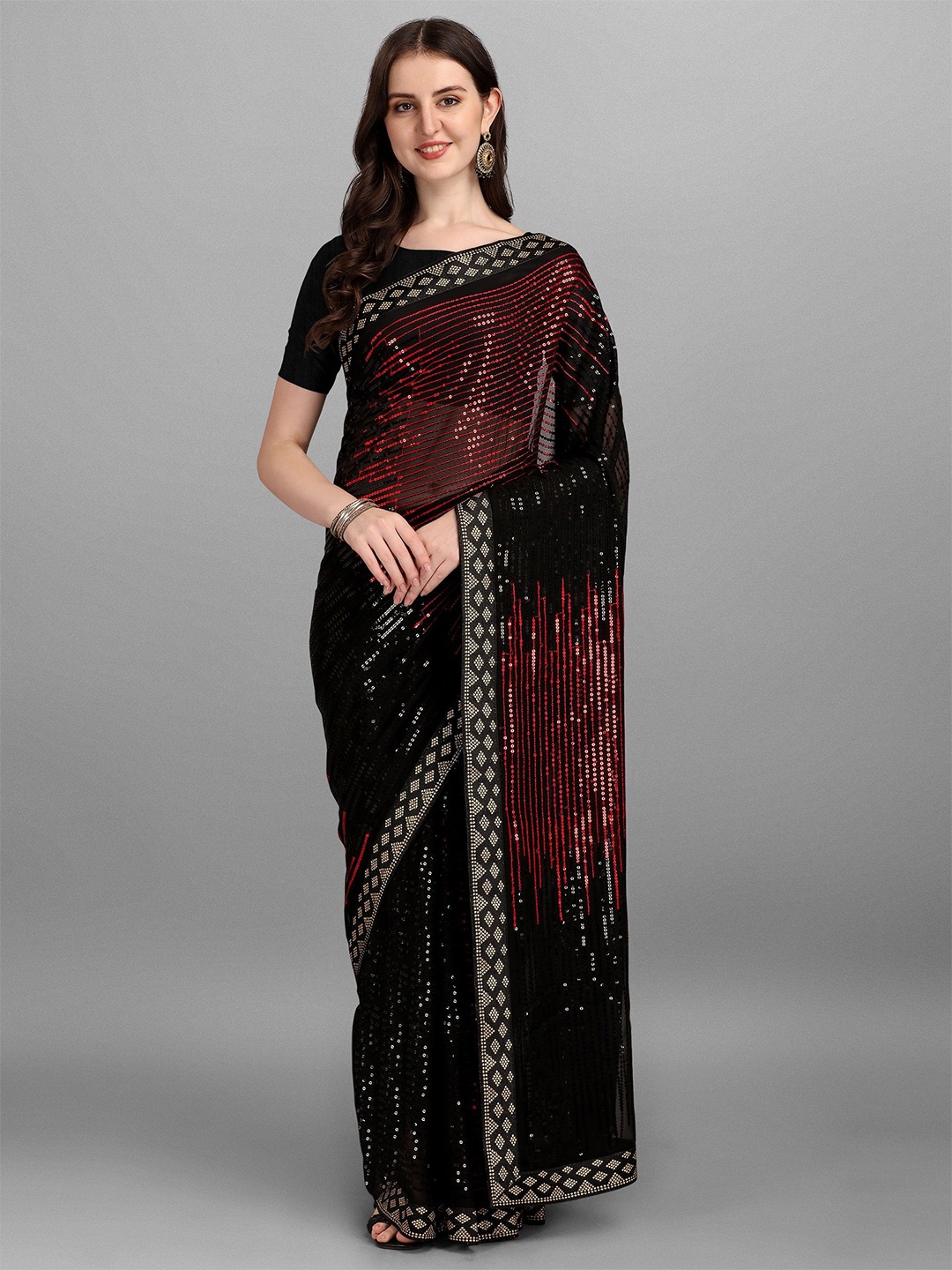 

KALINI Pure Georgette Embellished Sequinned Party Heavy Work Saree, Red