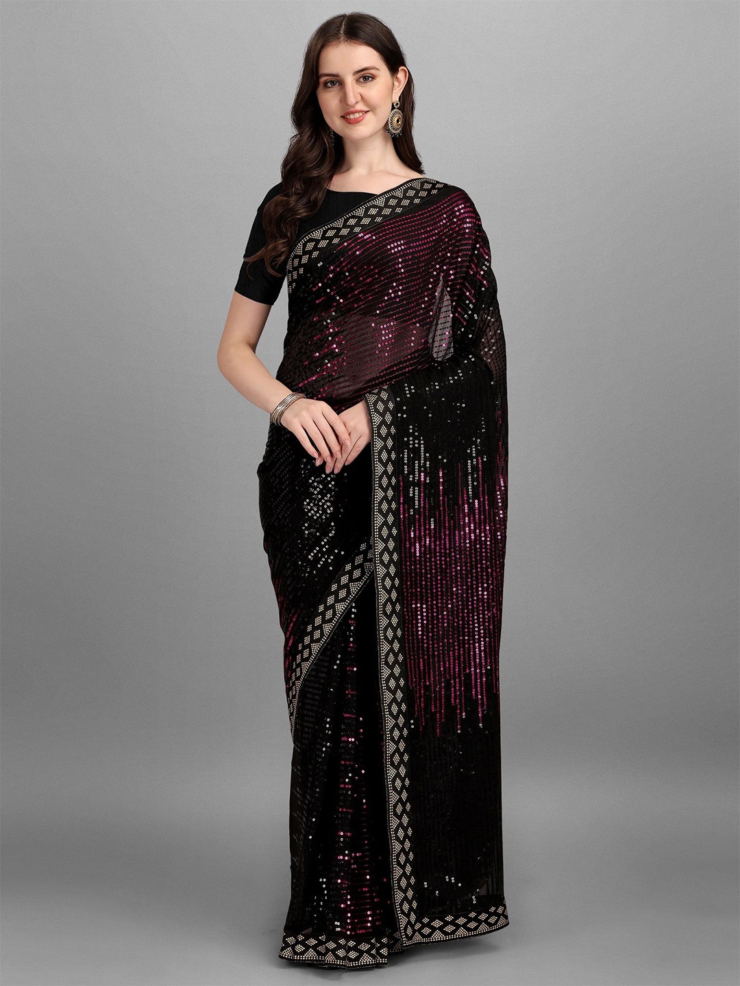 

KALINI Striped Sequinned Pure Georgette Heavy Work Saree, Pink