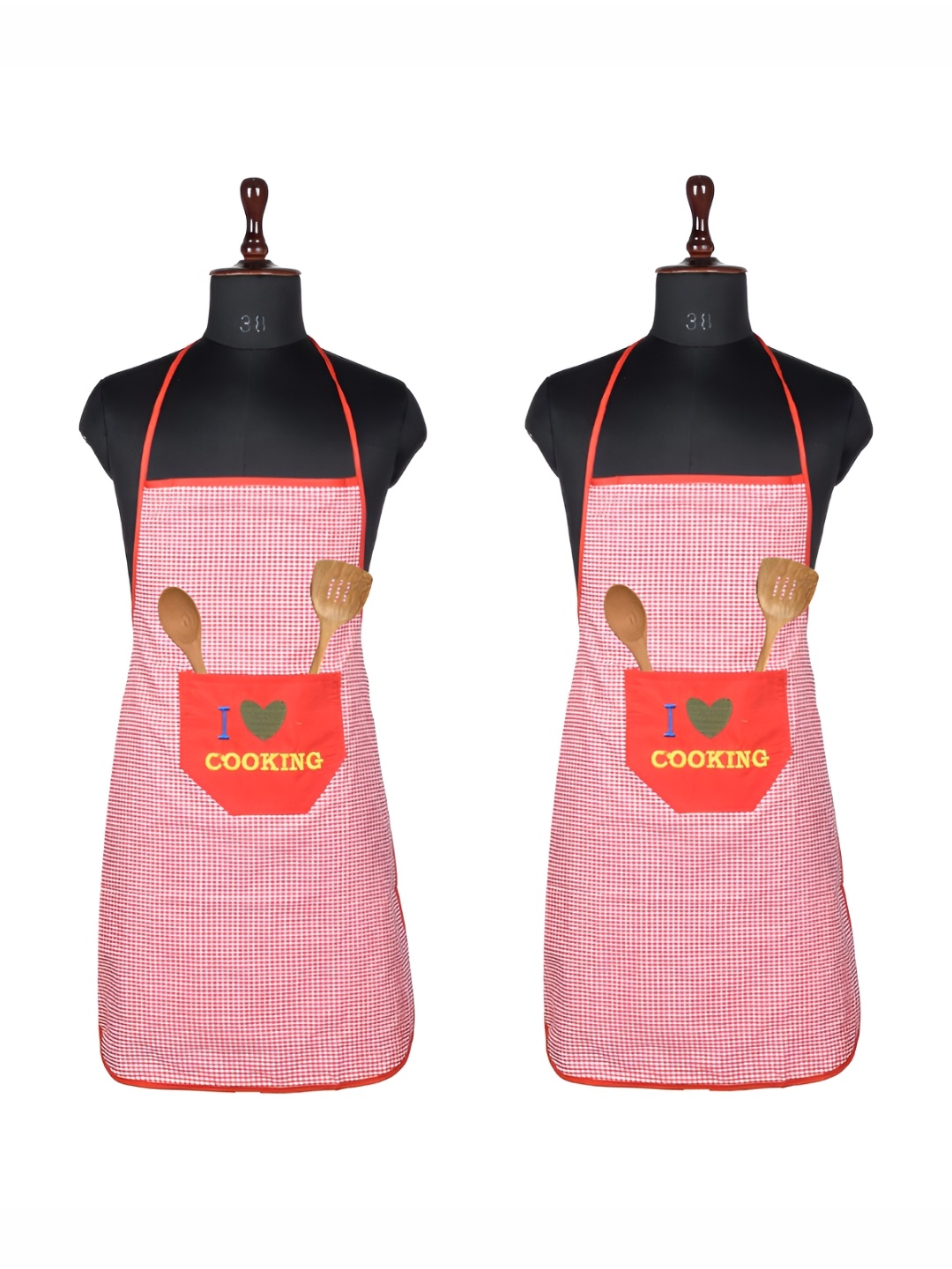 

Kuber Industries Red & White 2 Pieces Checked Waterproof Kitchen Aprons