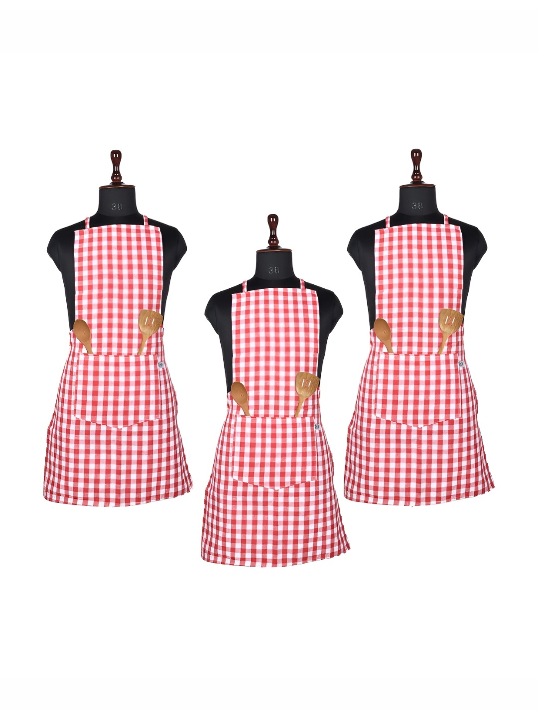 

Kuber Industries Red & White 3 Pieces Cotton Checked Kitchen Apron