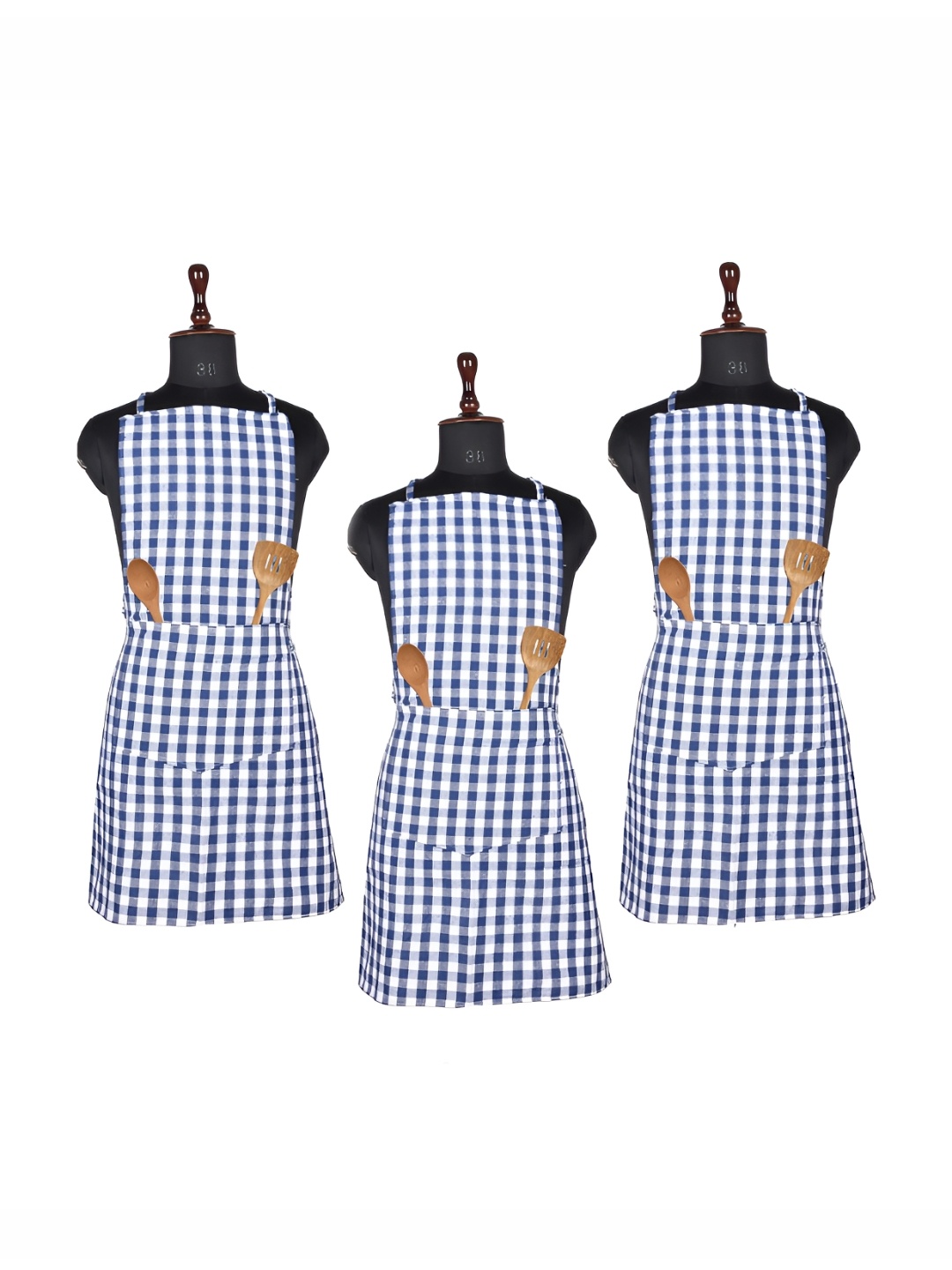 

Kuber Industries Blue & White 3 Pieces Cotton Checked Kitchen Apron