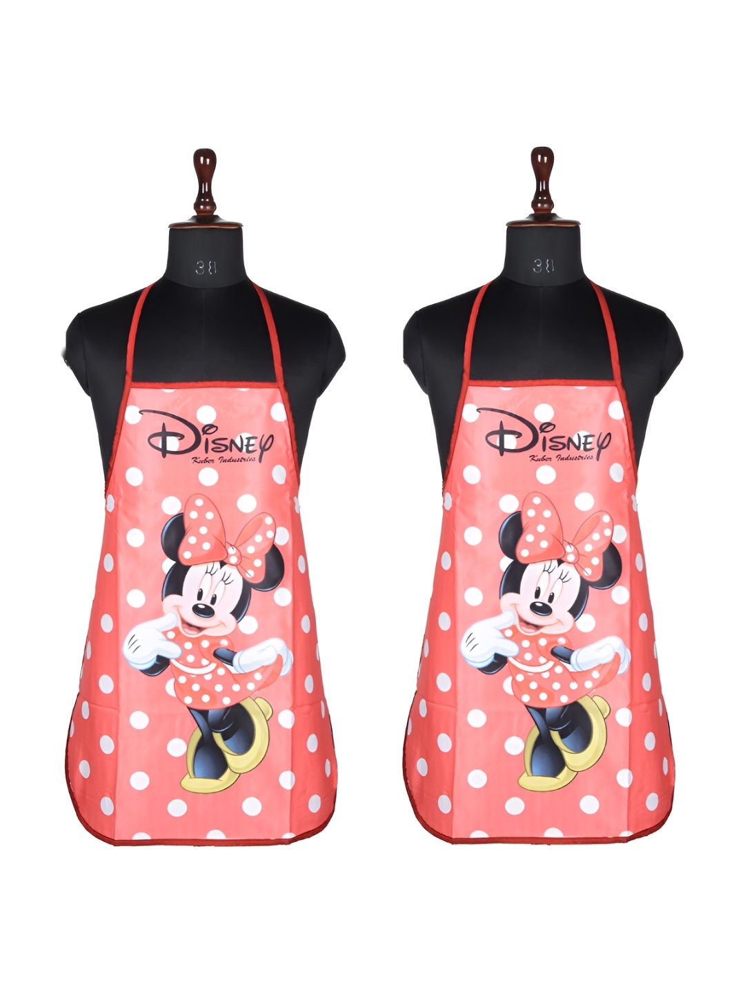 

Kuber Industries Pink & White 2 Pieces Minnie Printed Waterproof Kitchen Aprons, Red