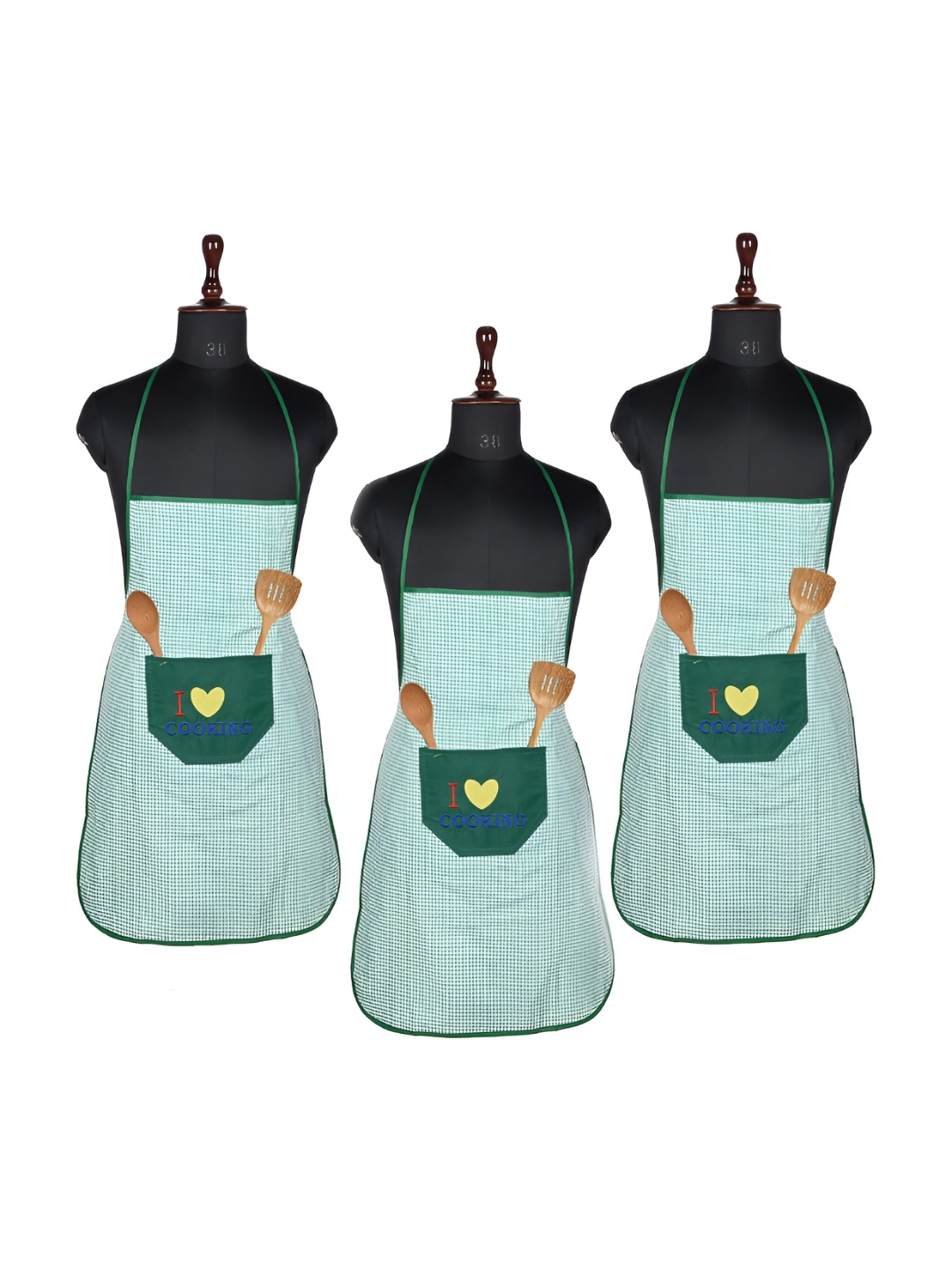 

Kuber Industries Green 3 Pieces Checked Waterproof Kitchen Aprons