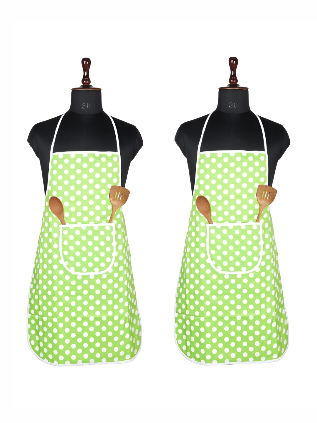 

Kuber Industries Green & White 2 Pieces Polka Dots Printed Waterproof Kitchen Aprons