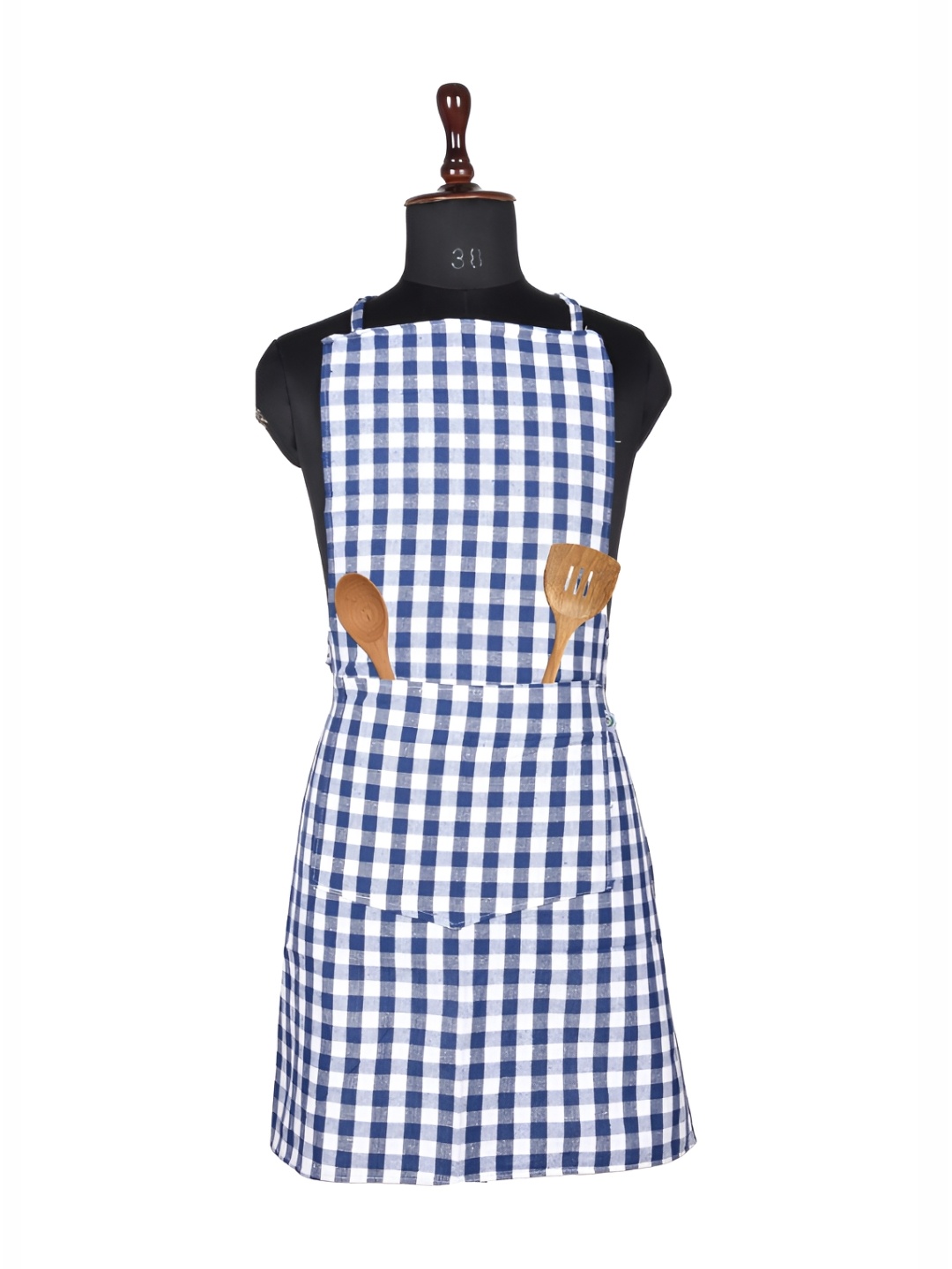 

Kuber Industries Blue & White Checked Cotton Waterproof Apron With Front Pocket