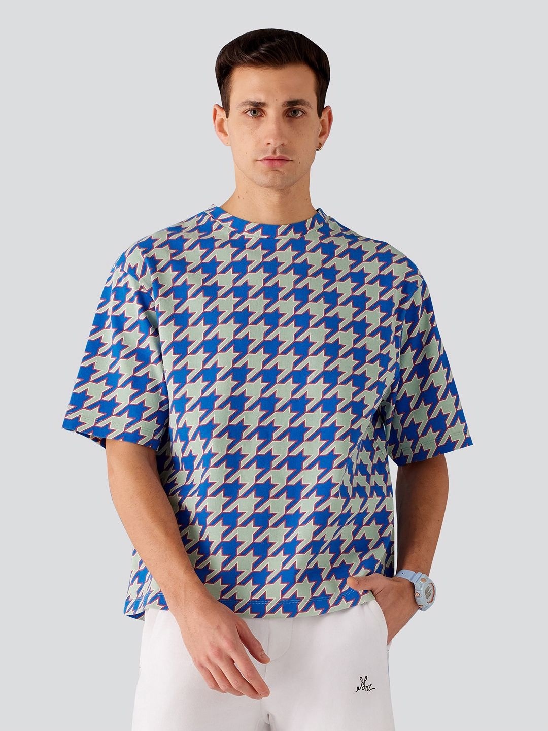 

Muvazo Unisex Printed Round Neck Drop-Shoulder Sleeves T-shirt, Blue