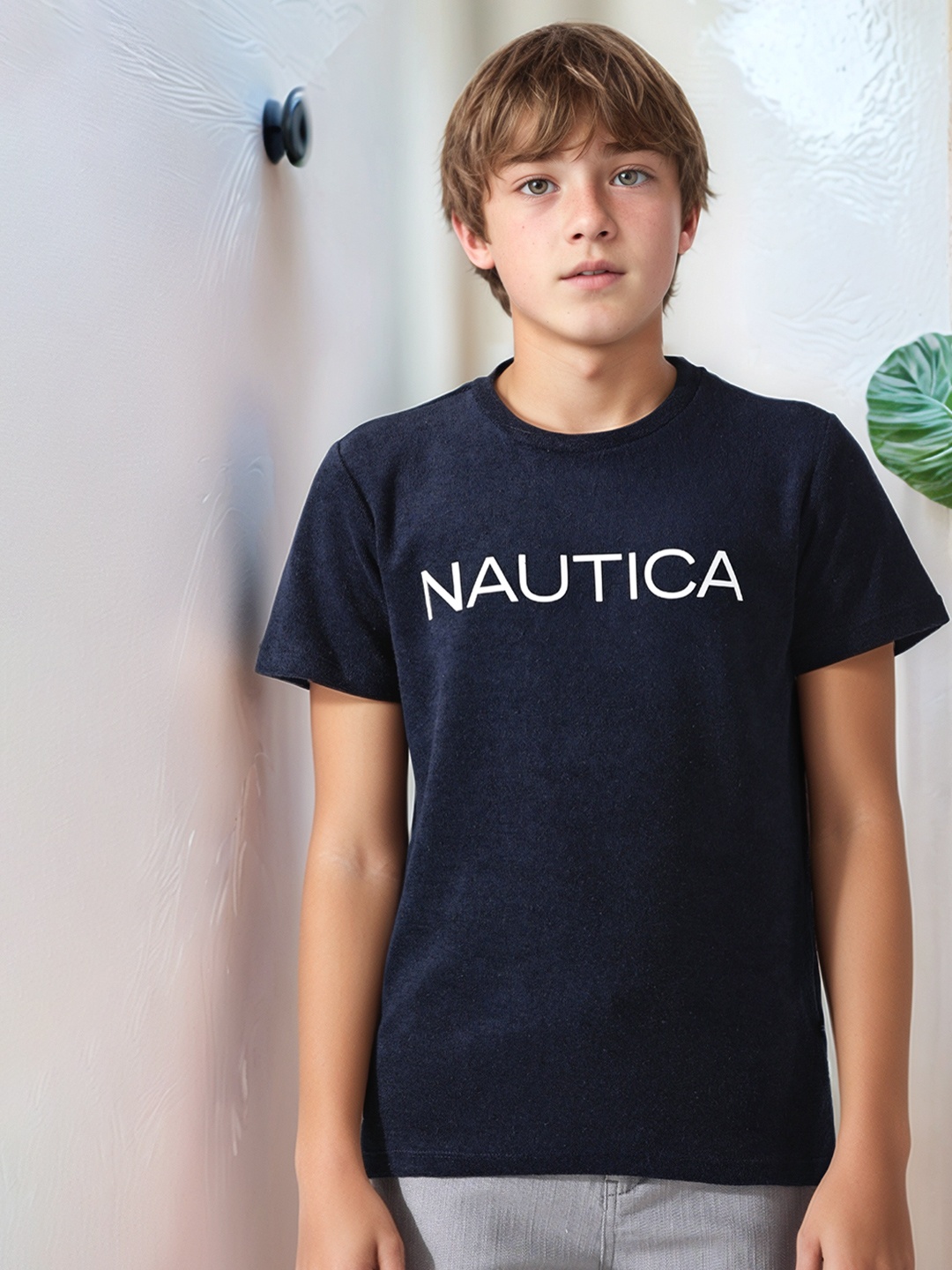 Nautica Boys Typography Printed Cotton T-Shirt, Navy blue
