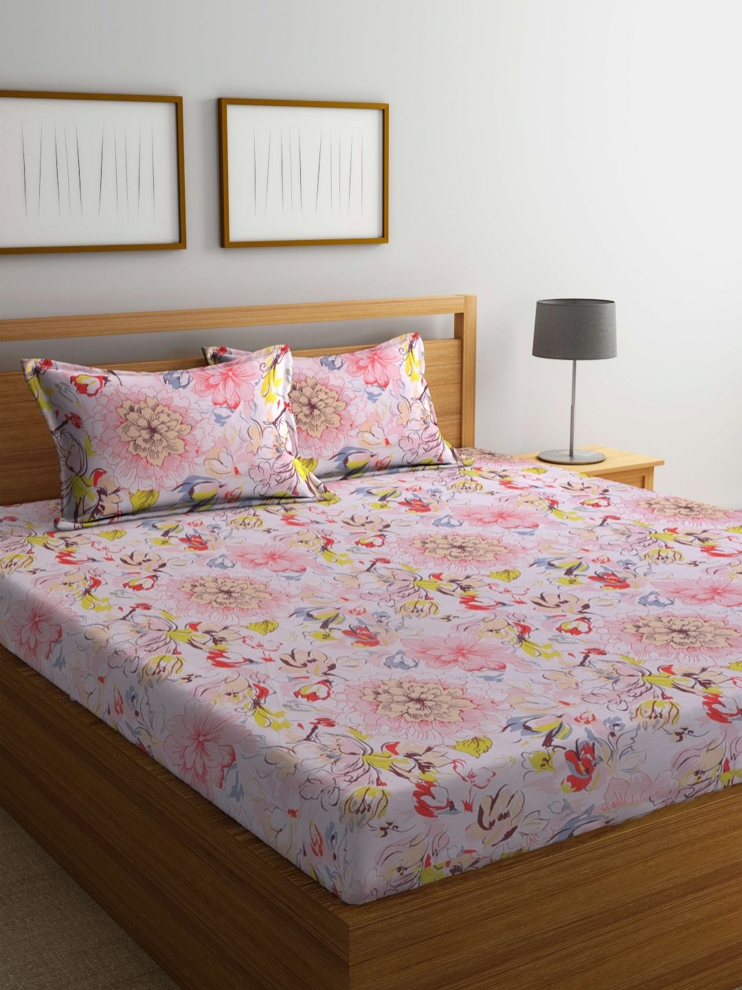 

BOMBAY DYEING Pink & Yellow Printed 120 TC Pure Cotton Queen Bedsheet With 2 Pillow Covers