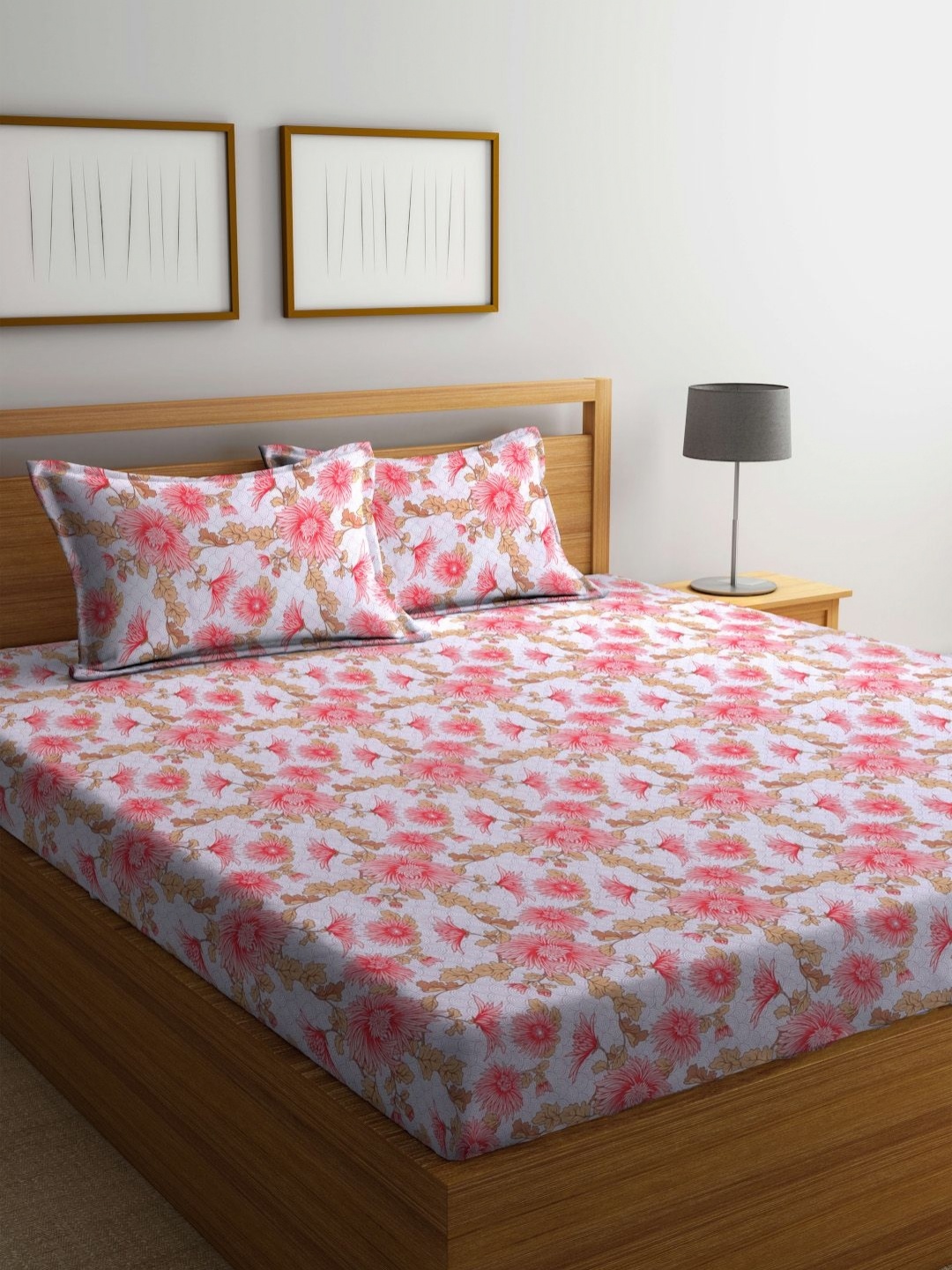 

BOMBAY DYEING Pink & White Printed 120 TC Pure Cotton Queen Bedsheet With 2 Pillow Covers