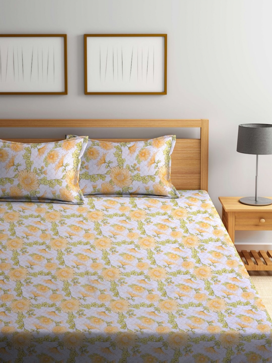 

BOMBAY DYEING Yellow & White Printed 120 TC Pure Cotton Queen Bedsheet & 2 Pillow Covers