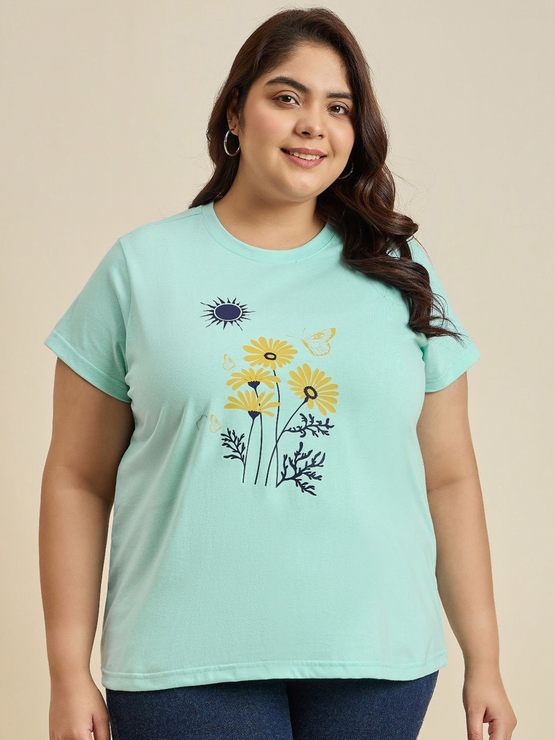 

Sztori Women Printed Extended Sleeves Applique T-shirt, Turquoise blue