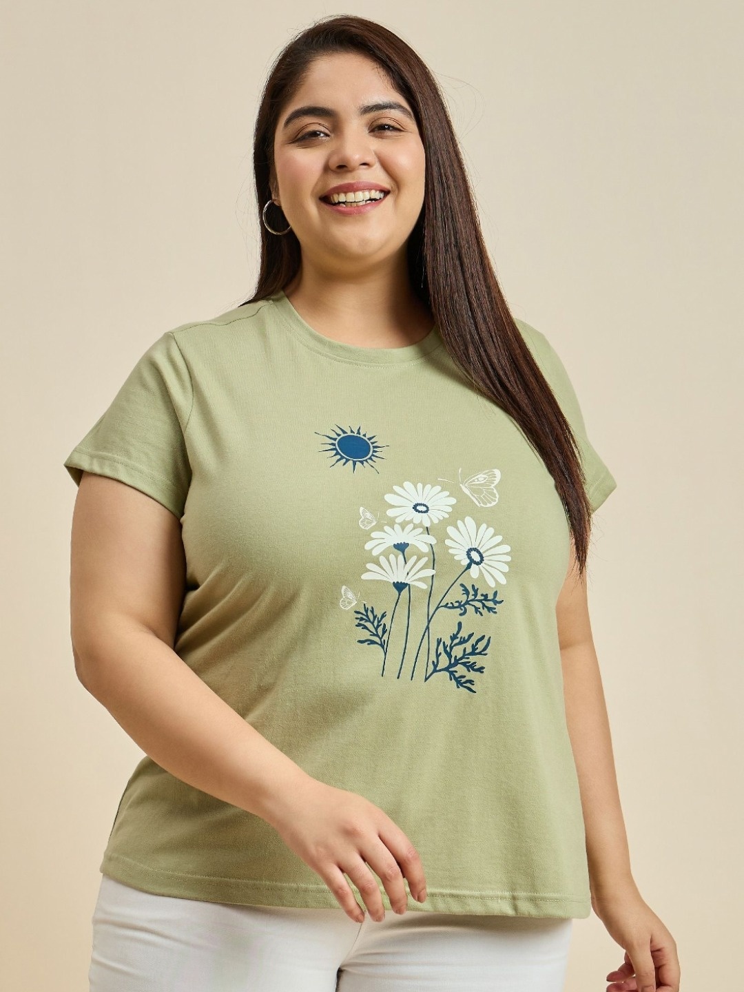 

Sztori Women Floral Printed Drop-Shoulder Sleeves Applique T-shirt, Green