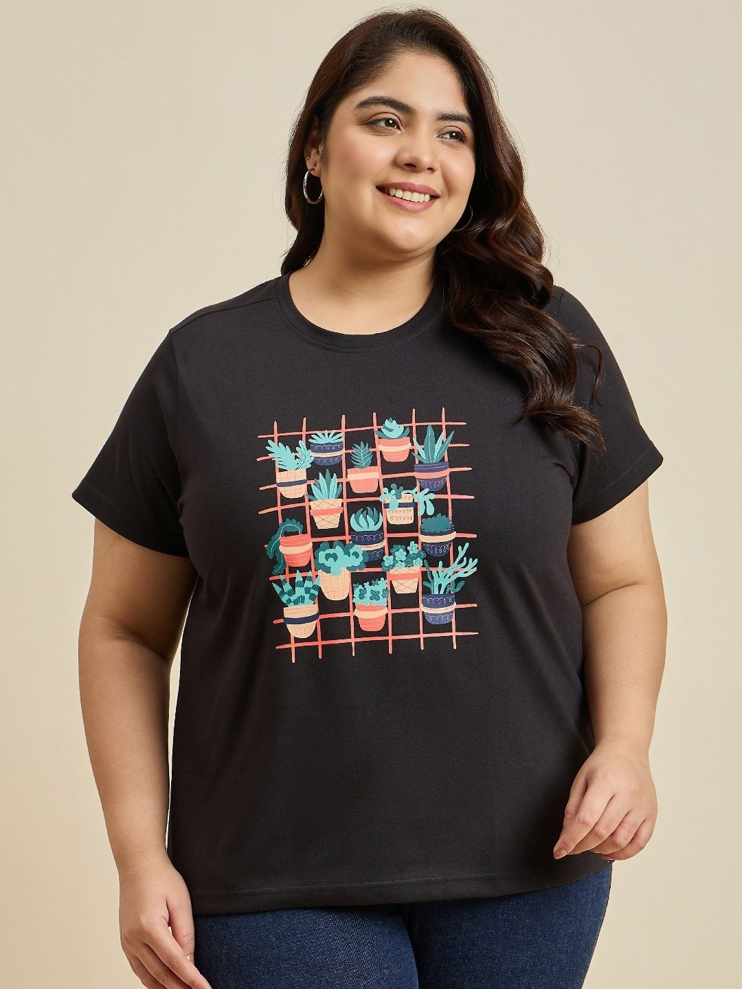 

Sztori Women Cotton Printed Round Neck T-shirt, Black