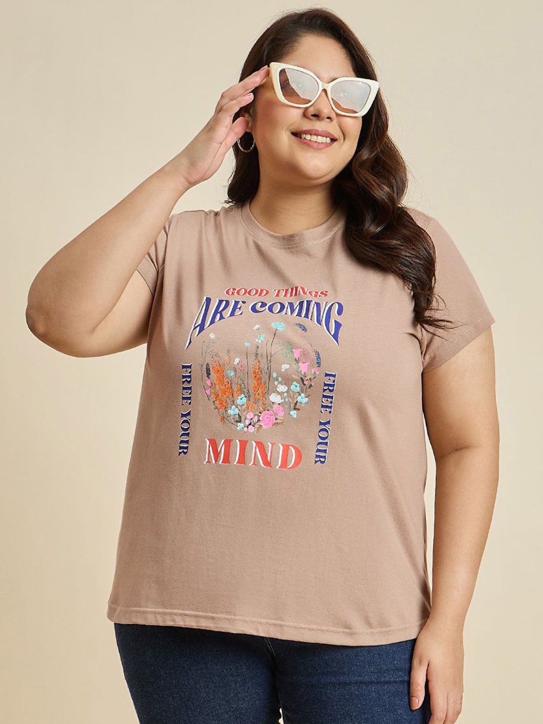 Sztori Women Typography Printed T-shirt, Khaki