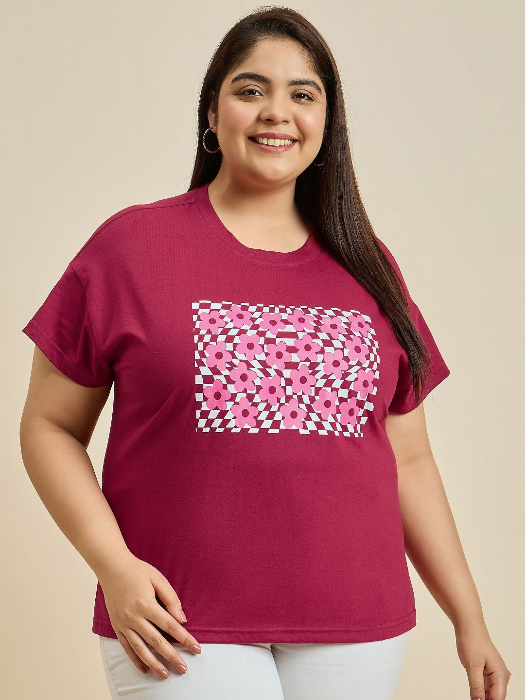 

Sztori Women Printed Drop-Shoulder Sleeves T-shirt, Red