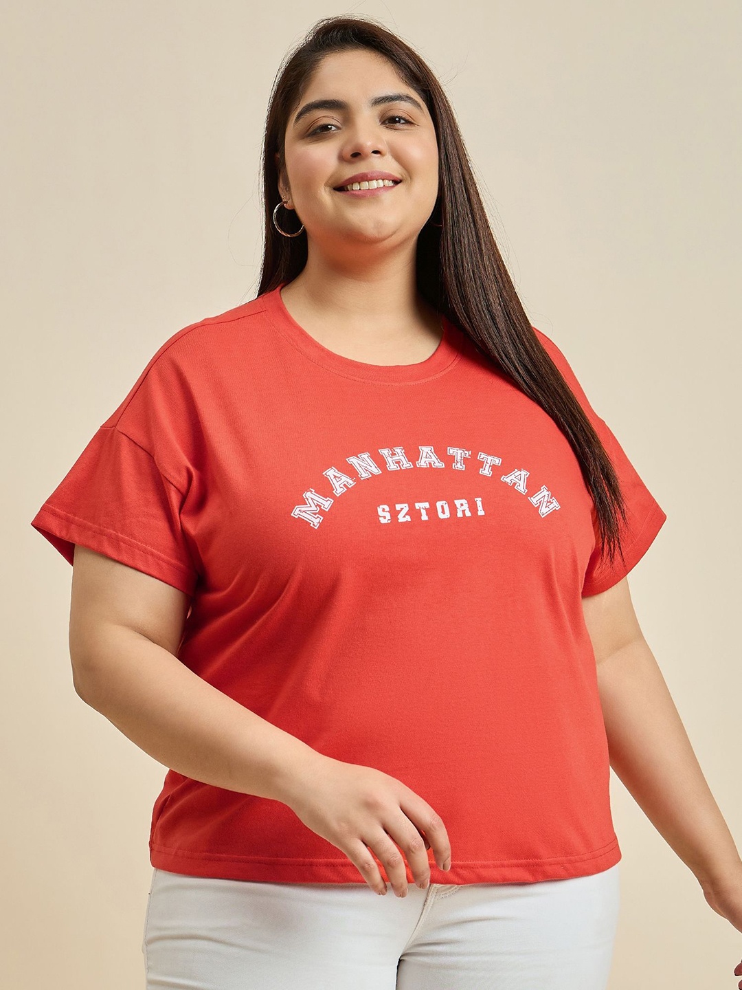 Sztori Women Typography Printed Applique T-shirt, Orange