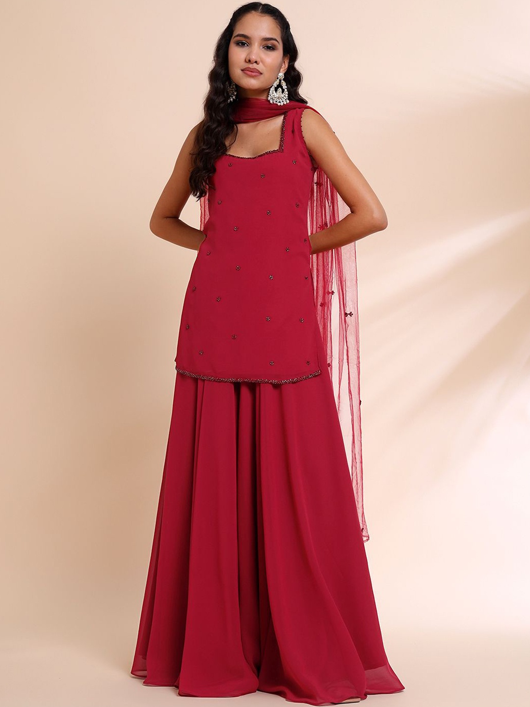 

RIRASA Embroidered Sweetheart Neck Beaded Georgette Straight Kurti With Sharara & Dupatta, Red
