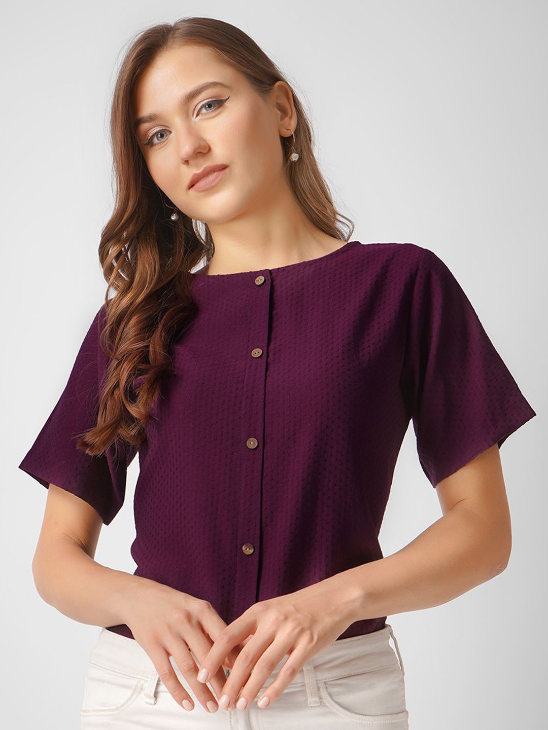 

Kinjo Women Short Sleeves Cotton Solid Top, Purple