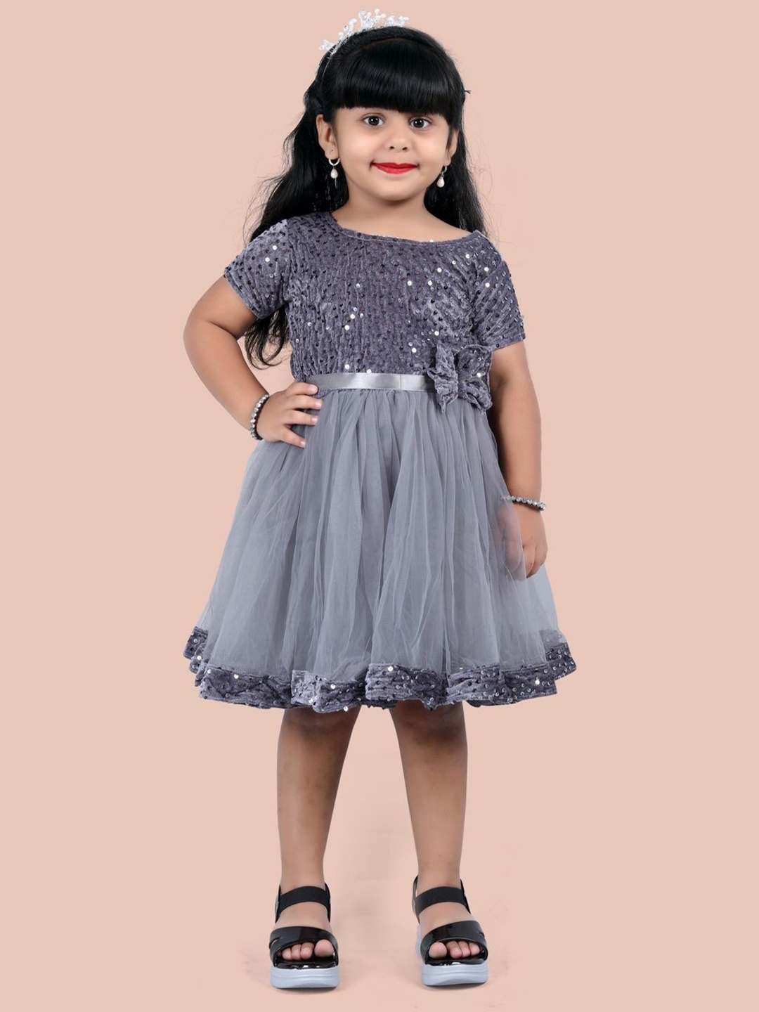 

Shrithi Fashion Fab Girls Embellished Velvet Fit & Flare Dress, Grey