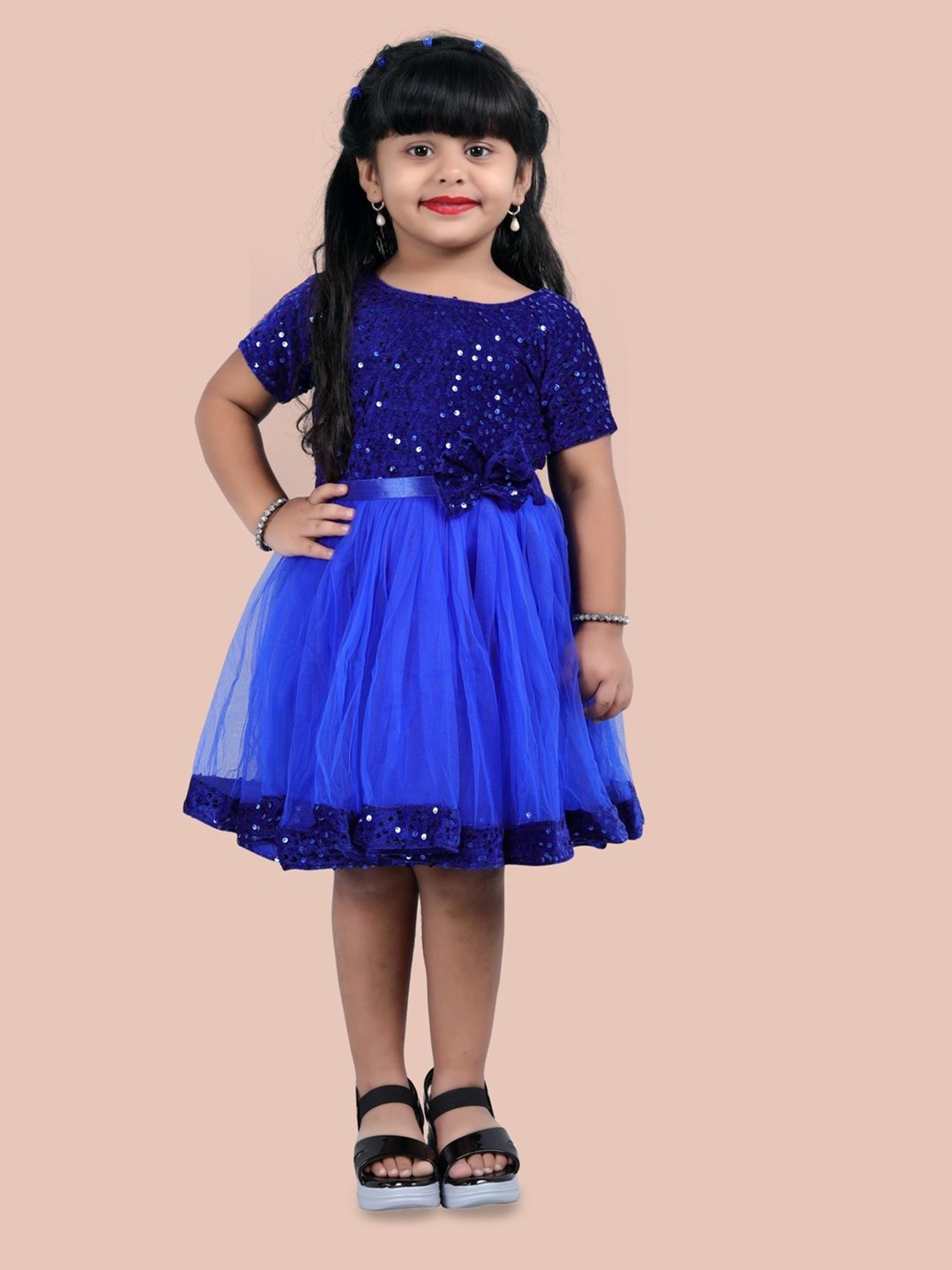 

Shrithi Fashion Fab Girls Embellished Round Neck Party Knee Length Fit & Flare Dress, Blue