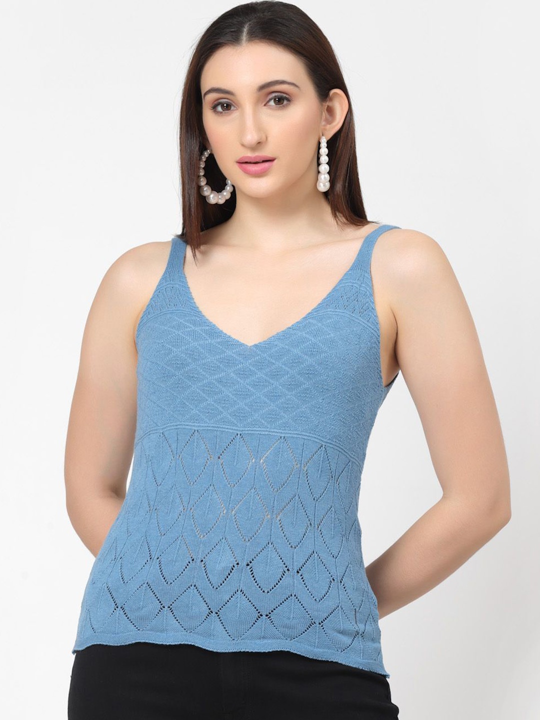 

Kalt Women Shoulder Straps Cotton Crochet Top, Blue